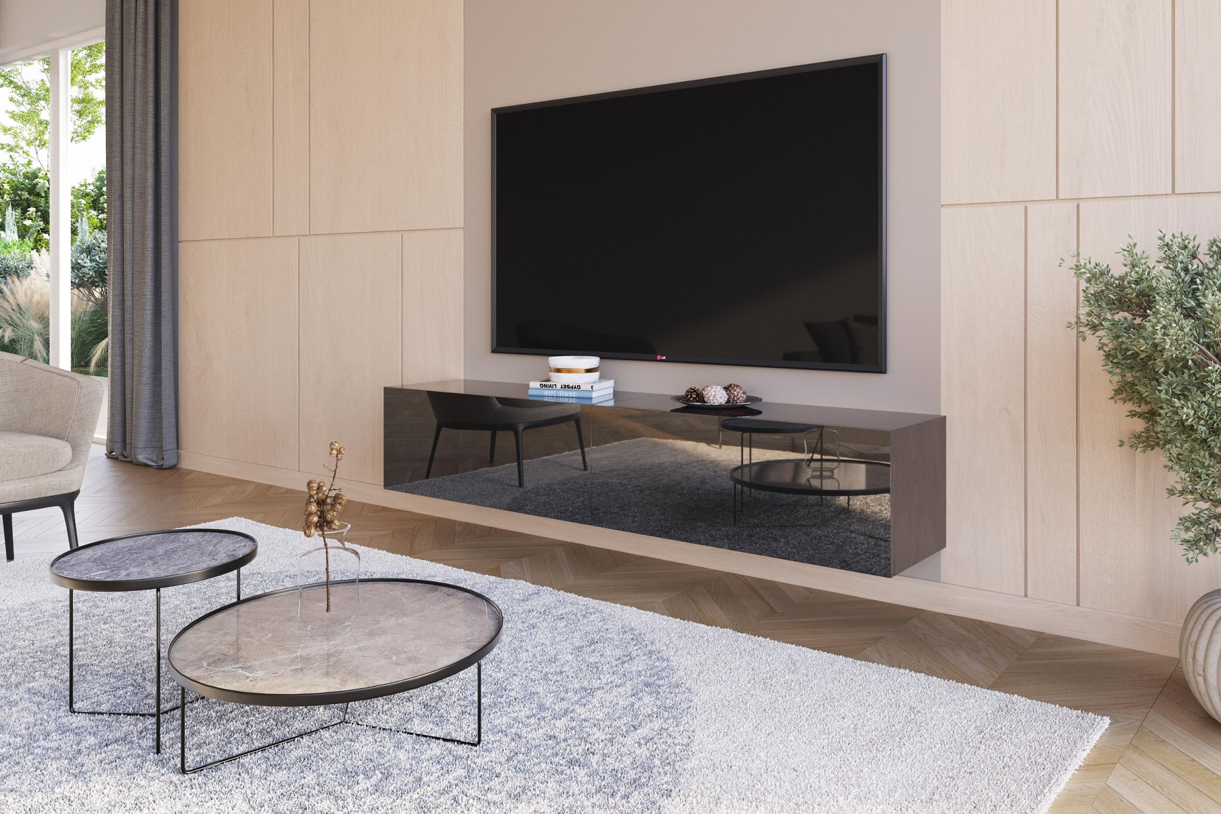 Szafka RTV Wisząca Połysk Czarna 180 cm (2x90 cm) Lowboard Push To Open Bez Uchwytów Szafka Pod Telewizor Do Salonu 180x35x40 cm Nowoczesna