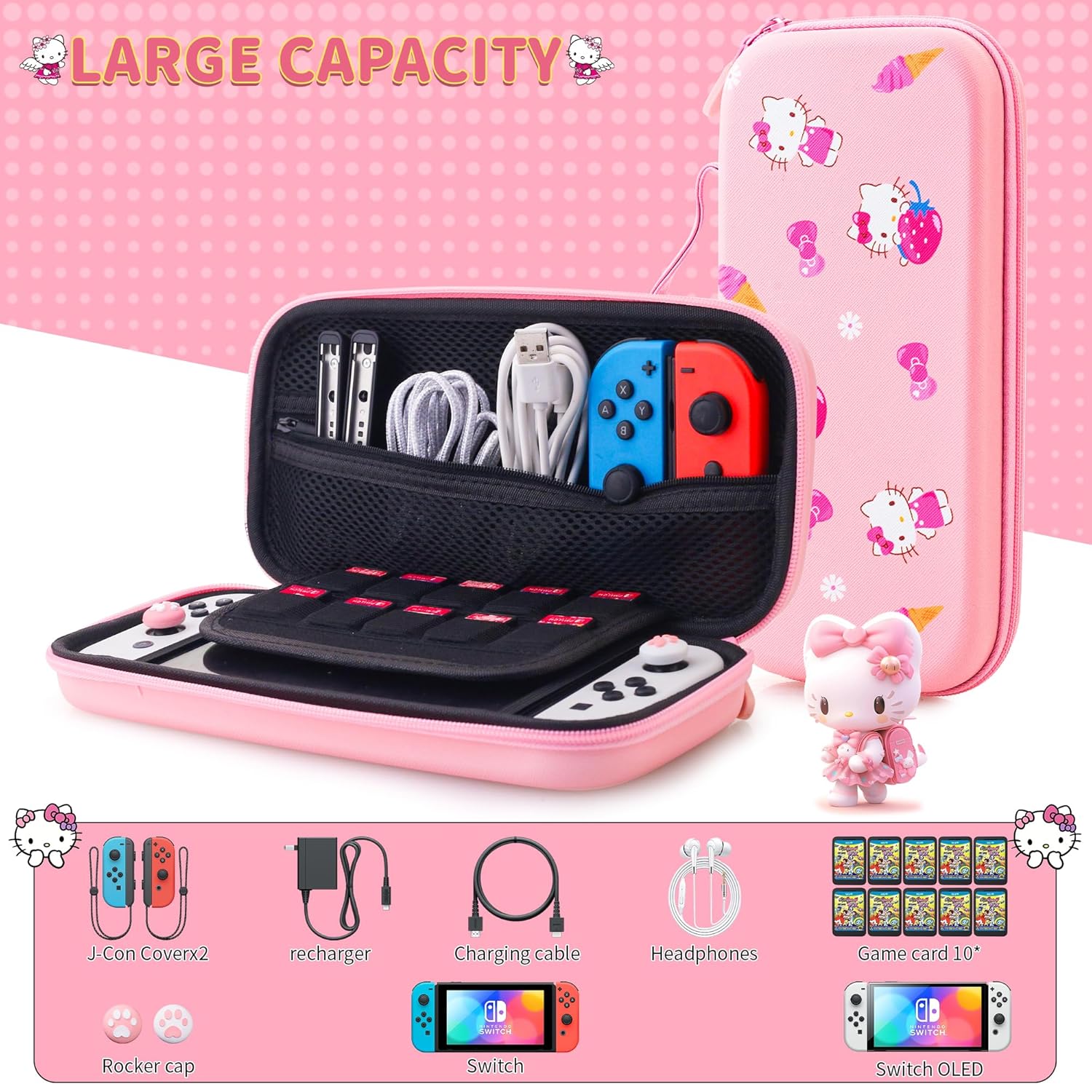 HYPERCASE Pink Travel Carrying Case for Nintendo Switch or OLED, Cute Portable Switch Carry Bag of Cartoon Cat with 10 Card Slots & 2 Thump Caps, for NS/OLED Console, Controller, Accessories Storage - Image 4
