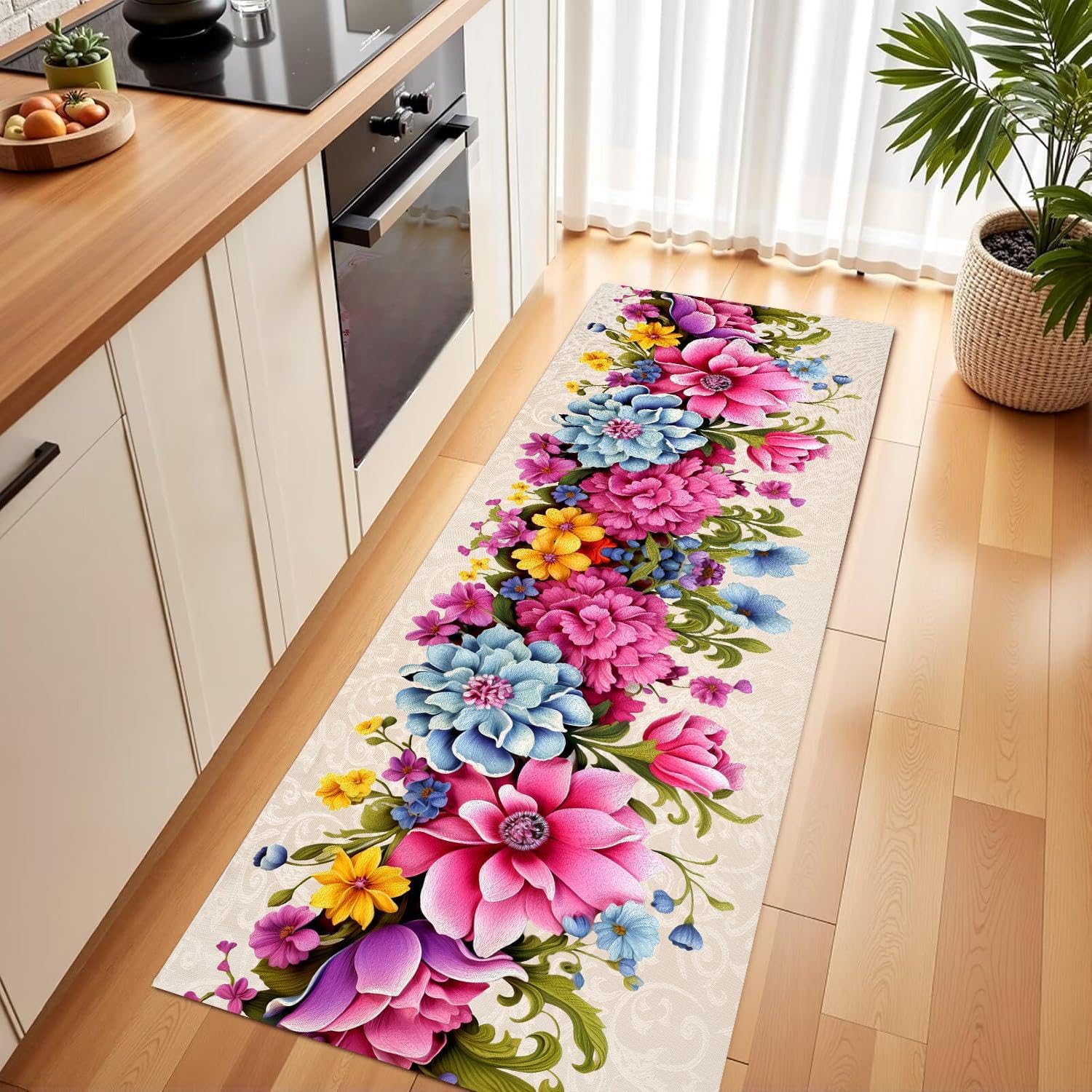 Colorful Floral Boho Runner Rug，2x6ft,3D Flower Runner Rug，Rugs for Entryway Runner，Washable Flower Kitchennon Slip Bath Mat， for Entry Laundry Room Hallway Carpet，with Non Slip Backing