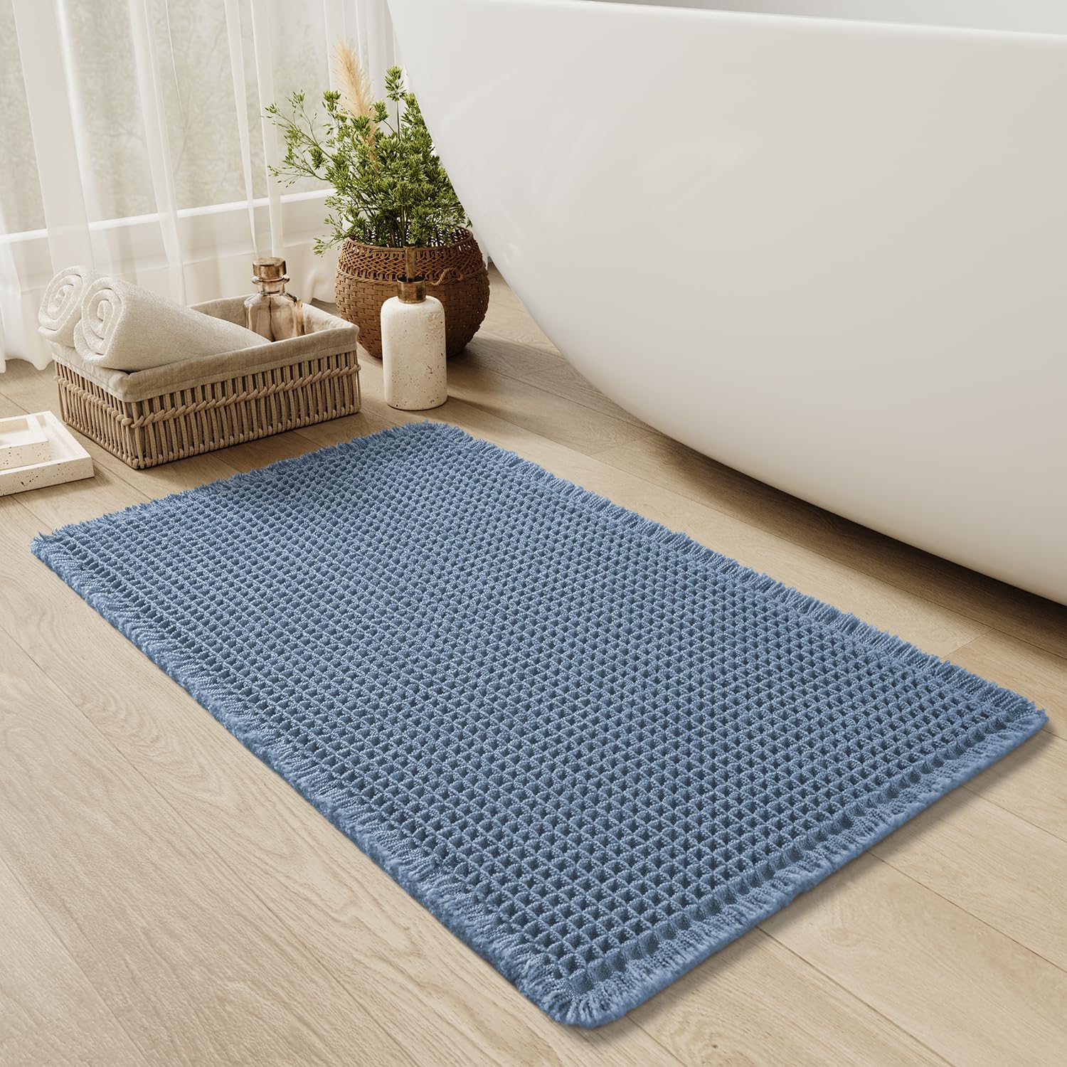Upgraded Waffle Bath Mat Non Slip Super Absorbent Quick Dry Bath Mats for Bathroom Floor Machine Washable Bathroom Mat Ultra Soft Boho Bathroom Rugs with Tassels Beside Tub, 17" x 24", Brown — view 17