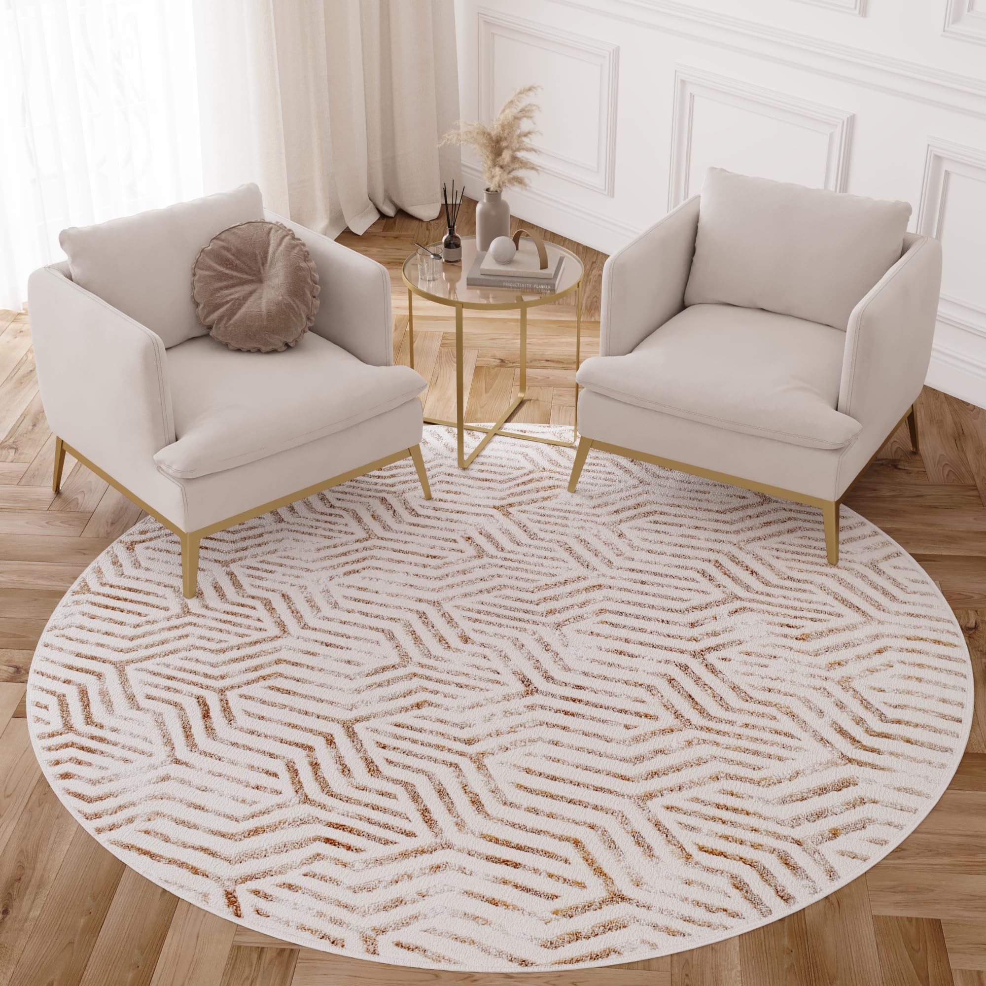TAPISO Crystal Redonda Alfombra de Pelo Corto Brillante Suave Moderna Marrón Crema Beige Abstracto Geométrico Efecto 3D Alfombra de Salón Habitación Dormitorio Oeko-Tex 100 x 100 cm
