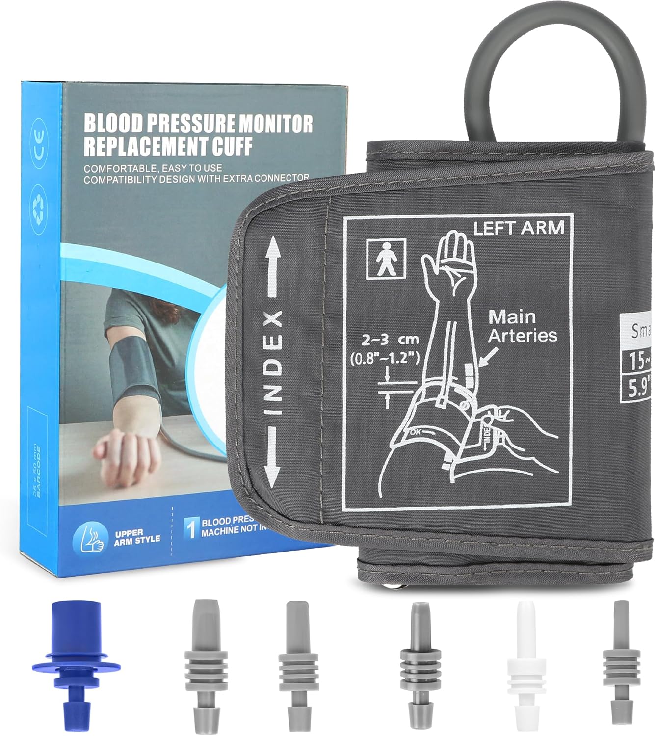 Extra Small Blood Pressure Cuff Arm – 5.9”-9.5” Replacement Cuff for Slim Thin Tiny Slender Upper Arms, 6 Connectors Included, Use Original Connector If Not Compatible with Your Own BP Monitor Extra Small Blood Pressure Cuff Arm – 5.9”-9.5” Replacement Cuff for Slim Thin Tiny Slender Upper Arms, 6 Connectors Included, Use Original Connector If Not Compatible with Your Own BP Monitor