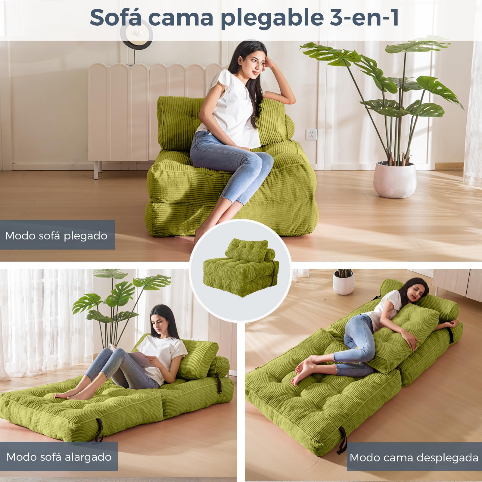 MAXYOYO Sofá cama plegable sofá cama convertible con cojines, colchón con respaldo, silla-cama portátil-Sofá de suelo cómodo para salón dormitorio, Verde