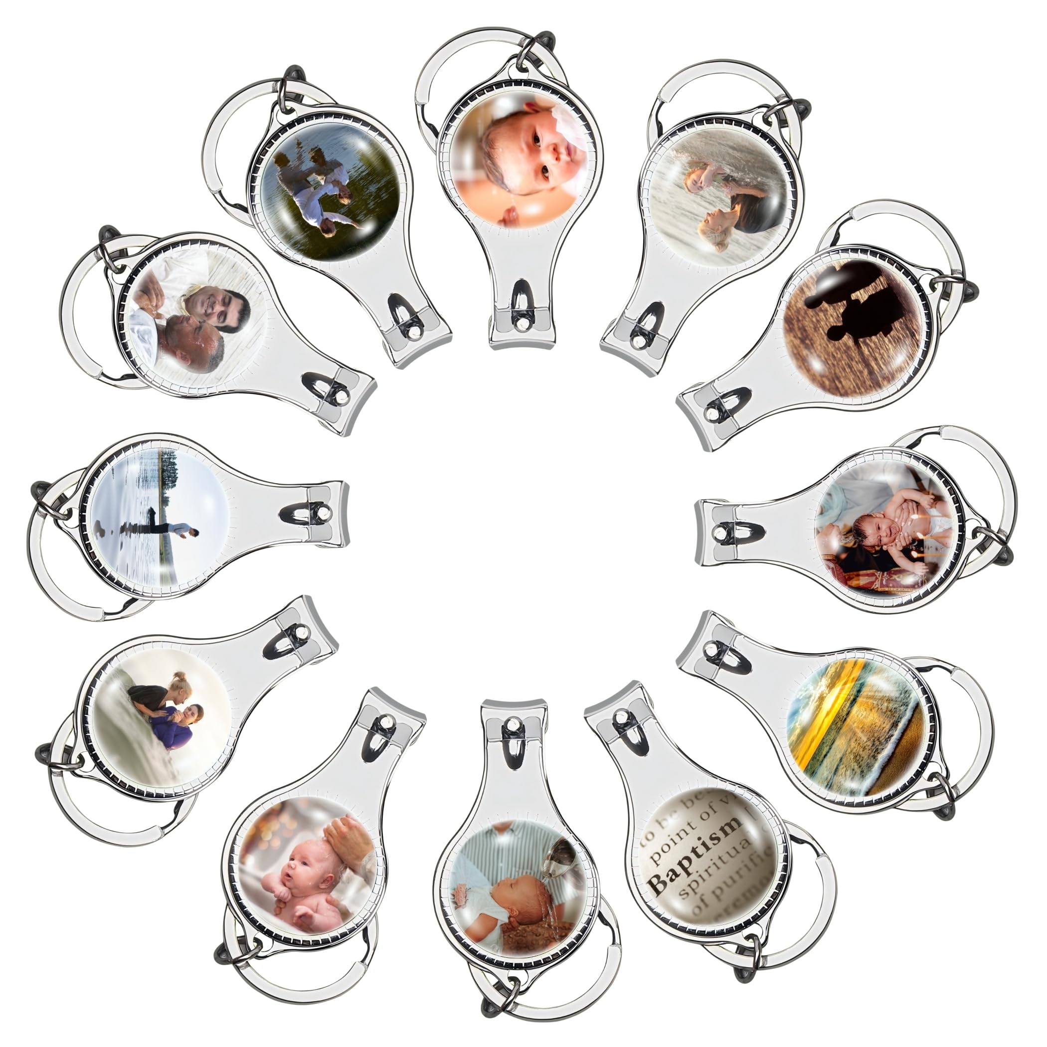 12 llaveros personalizables para bautismo con imágenes en color, cortaúñas y abrebotellas personalizados con bolsas de regalo de organza