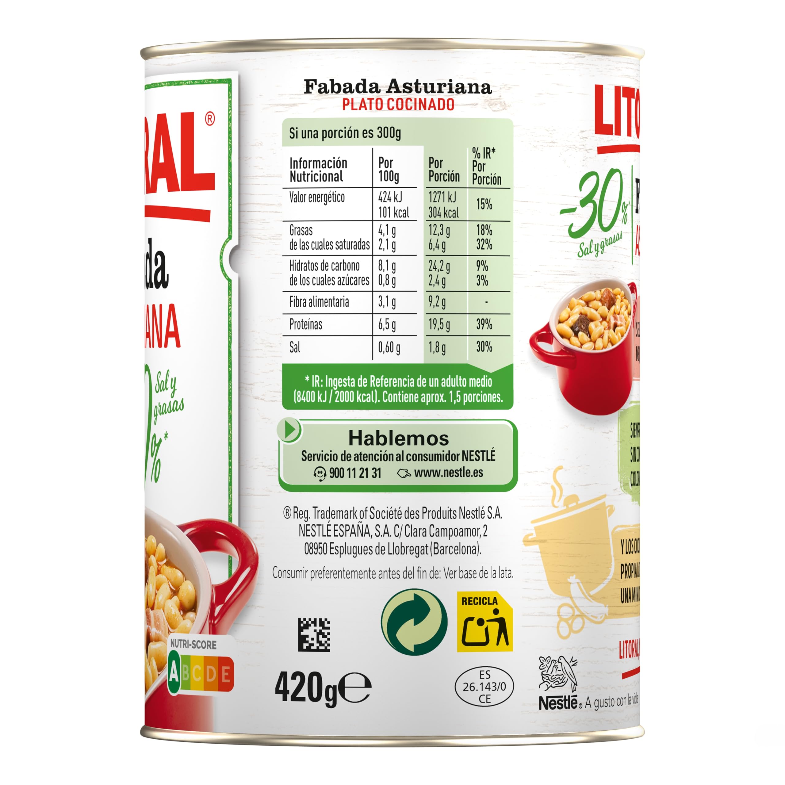 Litoral Fabada Asturiana -30% Sal y Grasa - Plato Preparado Sin Gluten - Pack de 10x420g - Total: 4.20kg - 2