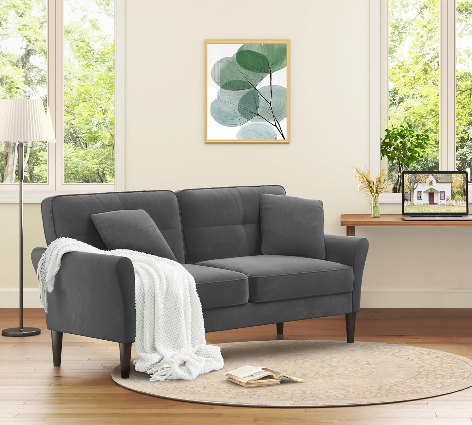 Loveseat Sofa, 69" Love Seat Couches, Comfy Velvet Small Couches for Small Spaces with 2 Pillows, Tool-Free Setup Sofas & Couches, 700lb Load Sofas for Living Room, Mini Couch for Bedroom, Grey Couch