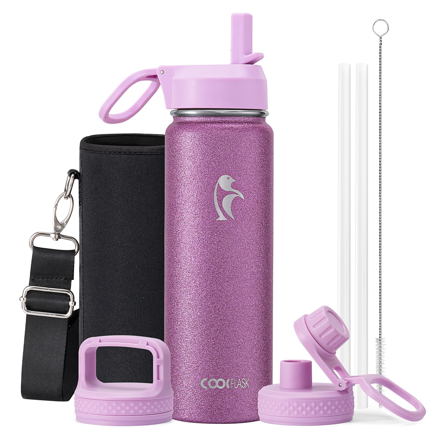 Coolflask Borraccia termica con cannuccia, in acciaio inox, con 3 coperchi, imboccatura larga, per sport o ufficio, senza BPA, mantiene il freddo fino a 48 ore o caldo fino a 24 ore, rosa glitterato