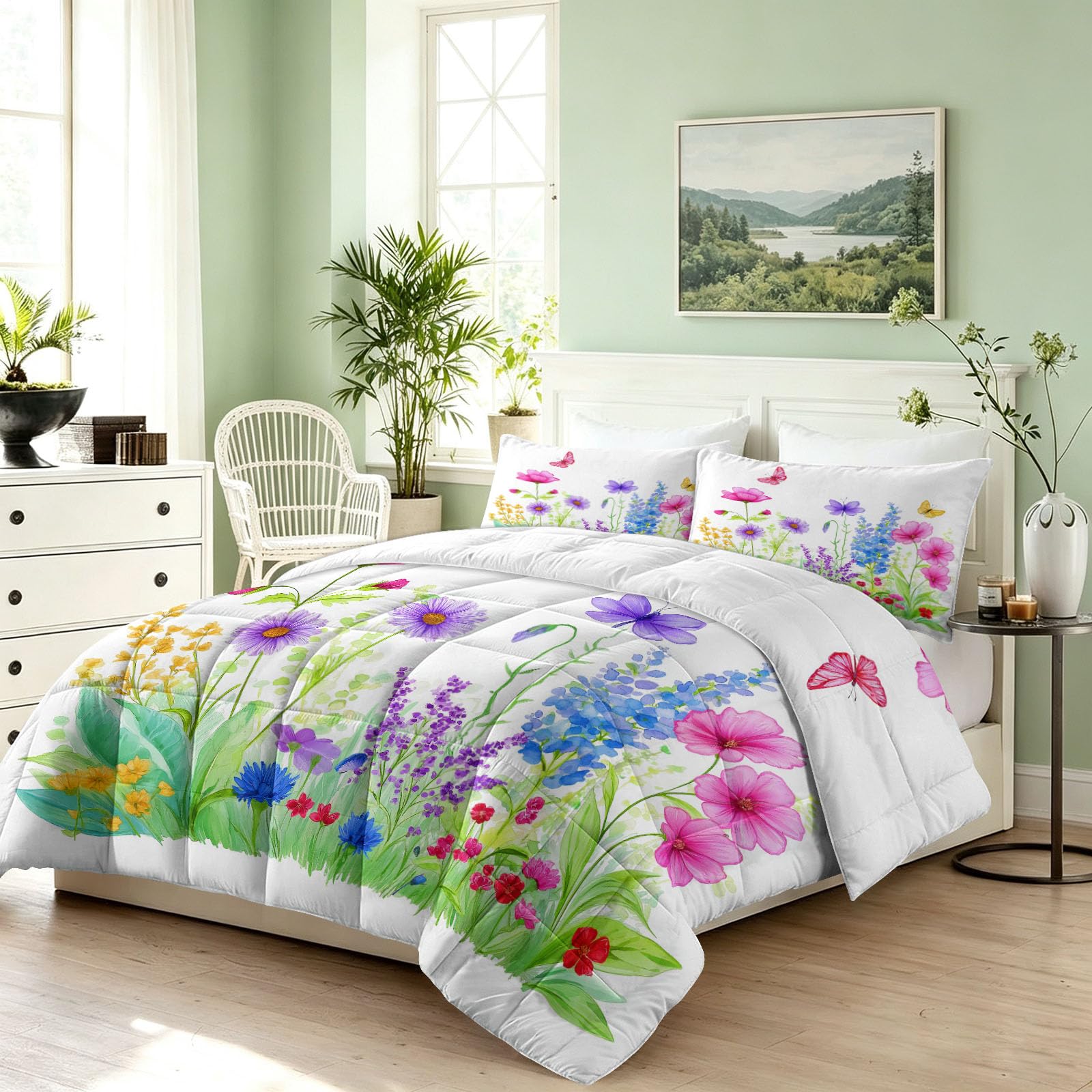 Generisch Trapunta da 135 x 200 cm, con fiori selvatici, farfalle e prato, 4 stagioni, utilizzabile senza rivestimento, soffice e morbida, stile rustico ad acquerello, lavabile con federa