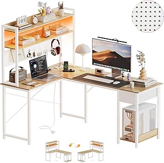 YOUDENOVA Schreibtisch mit Lochwand 155 x 100 cm Eckschreibtisch mit Regal Gaming Schreibtisch Groß mit Steckdosen & USB Ladeanschluss Gaming Tisch L Form mit Stauraum Holz Weiß