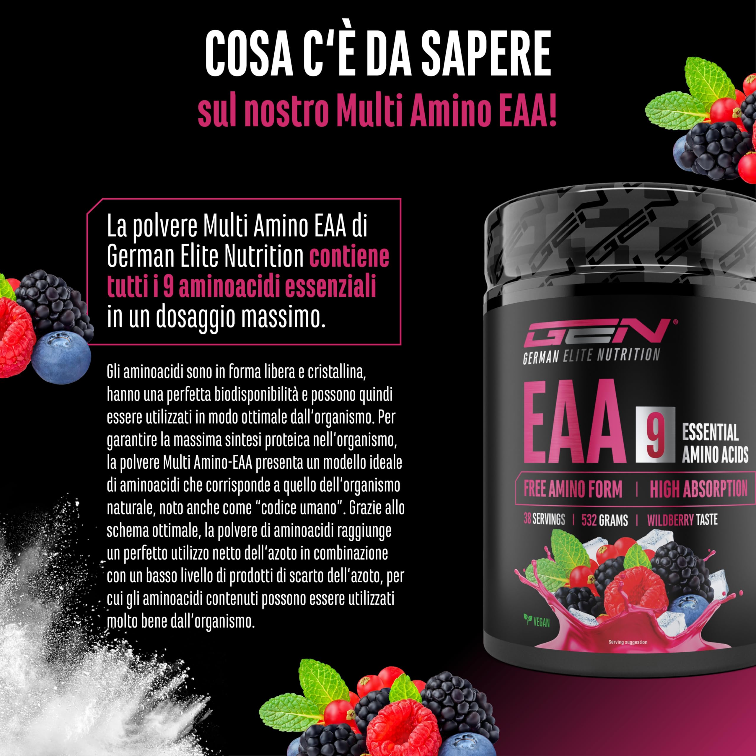 Polvere EAA 532 g (38 porzioni) - Tutti i 9 aminoacidi essenziali incl. istidina e BCAA - Formula Human Code - Vegano - Molto solubile - Bevanda di amminoacidi rinfrescante (Wildberry)