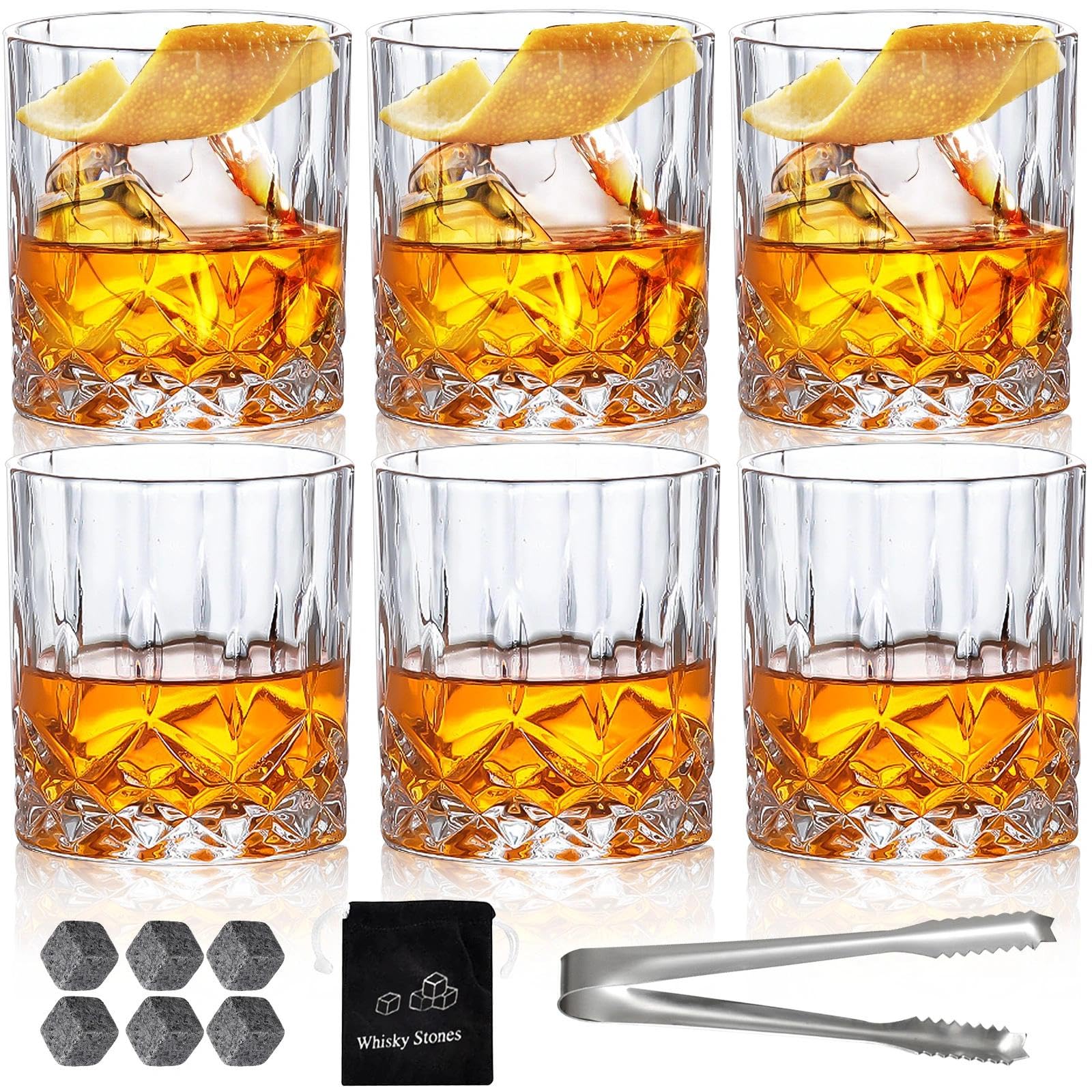 INFTYLE Whiskey Glasses Old Fashioned Glass 10oz Set of 6 Crystal Rocks Bourbon Whisky Glasses Drinking Tumblers Cups for Cognac Cocktail Bourbon Rum Brandy Bar Men
