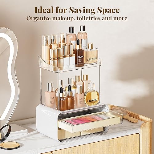 Miniatura 5 de Delamu Organizador de encimera de baño, 2 cajones, 2 niveles, organizador de maquillaje acrílico para encimera de tocador, almacenamiento de perfume
