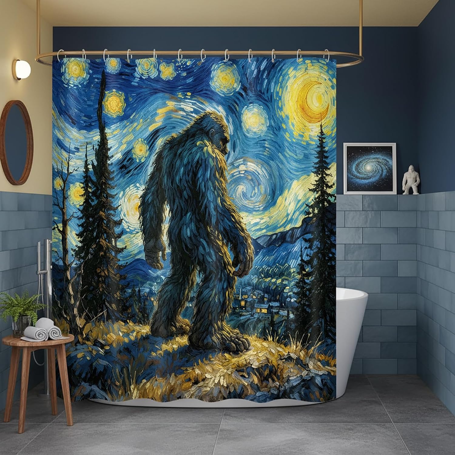 Funny Bigfoot Moon Nature Stars Shower Curtain, Rustic Mountain Sasquatch Bathroom Decor Shower Curtains, Waterproof Fabric Wild Animal Bath Curtain with 12 Hooks 72X78 inchs