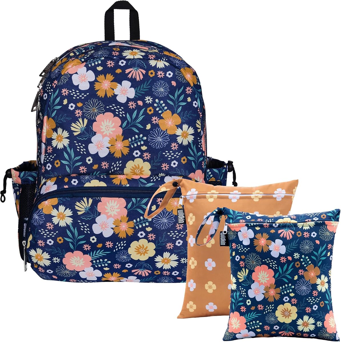 Wildkin Wet Bag Set & 17 Inch Backpack Bundle – Leakproof Wet/Dry Bags & Lightweight Backpack with Padded Straps for School & Travel for Kids - Wildflower Bloom