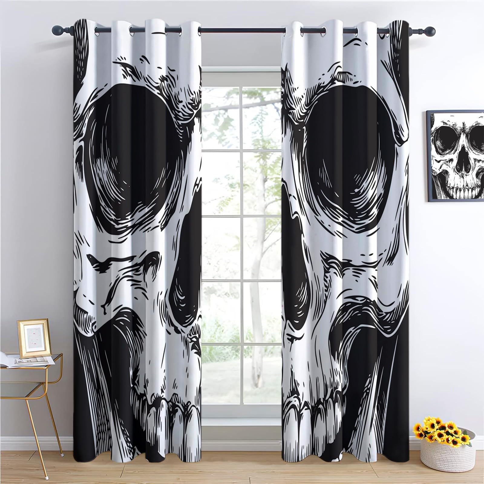 Gotycki horror z przelotkami, nieprzezroczyste, termoizolacyjne i anty-UV, dźwiękoszczelne zasłony z oczkami do sypialni, salonu, szare, 234 x 229 cm, 2 sztuki