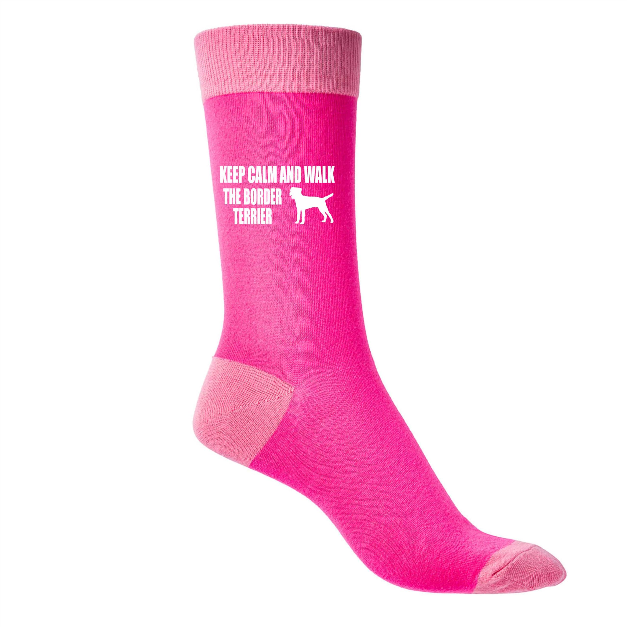 Print4u Women's Pink Keep Calm & Walk Border Terrier Novelty Socks Dog Lovers Gift