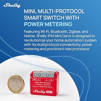 Shelly 1PM Mini Gen4 - Wi-Fi Smart Relay Switch, 1 Channel, 8A, Real-Time Power Metering, Home Automation, Remote Control, No Hub Required, Matter, Alexa, Google Home, Apple HomeKit, Zigbee (2 Pack)