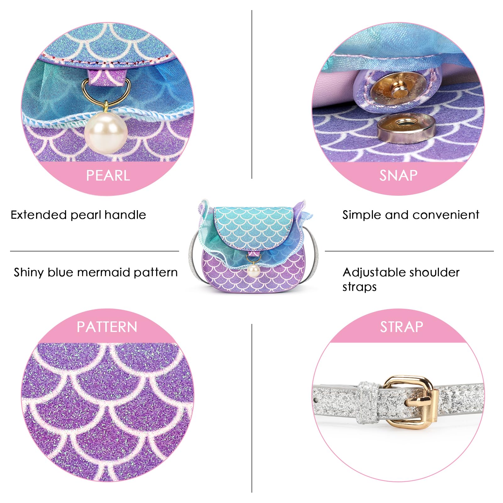 Bolso para niñas pequeñas, regalos para niñas de 3 a 8 años con joyas de vestir, accesorios de juego de simulación, juguetes de sirena para niñas de 4 a 5 años 7