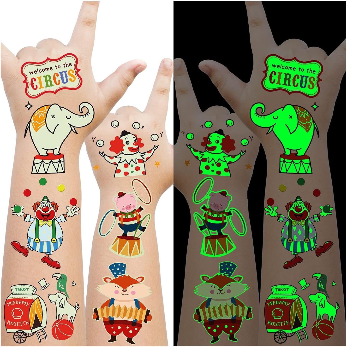 96-Piece Carnival Circus Temporary Tattoos For Kids - Clown & Animal Designs Party Favors