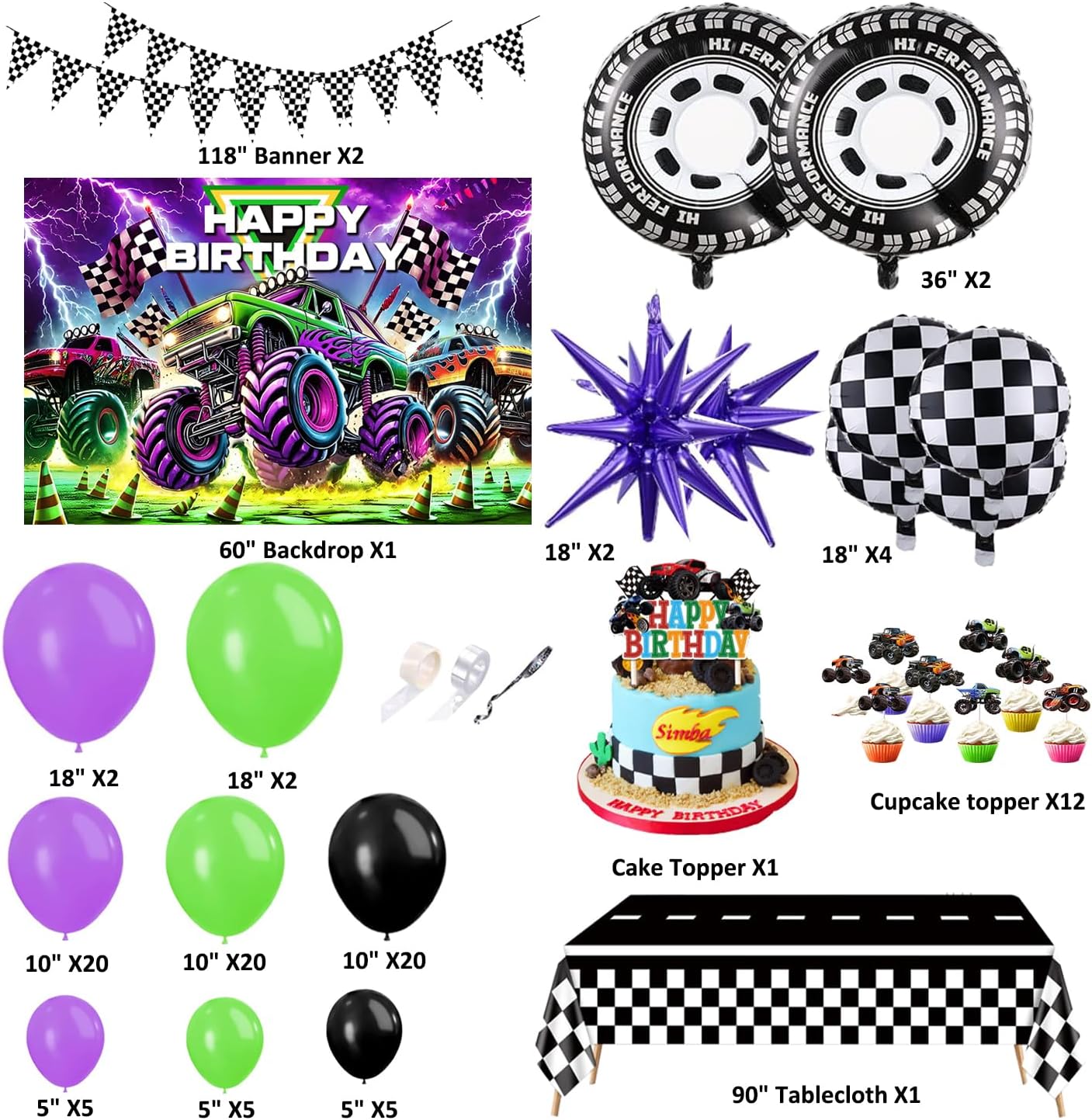 Monster Purple Green Truck Jam Birthday Party Decorations Kit Including Backdrop,Banner,Balloon Garland Arch, Tablecloth, Cake Toppers