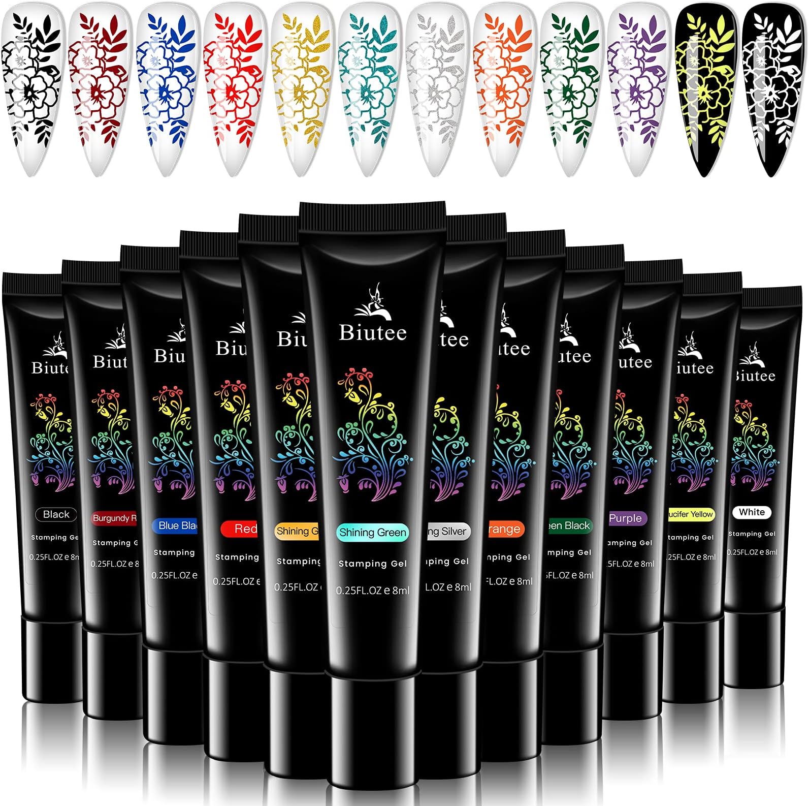 Stamping Nail Polish Gels, 12 Colors Stamping Gels 0.25 Fl Oz Soak Off Printed Gel UV Stamp Nail Gel for Nail Stamp Plate Stamper DIY Nail Art Design