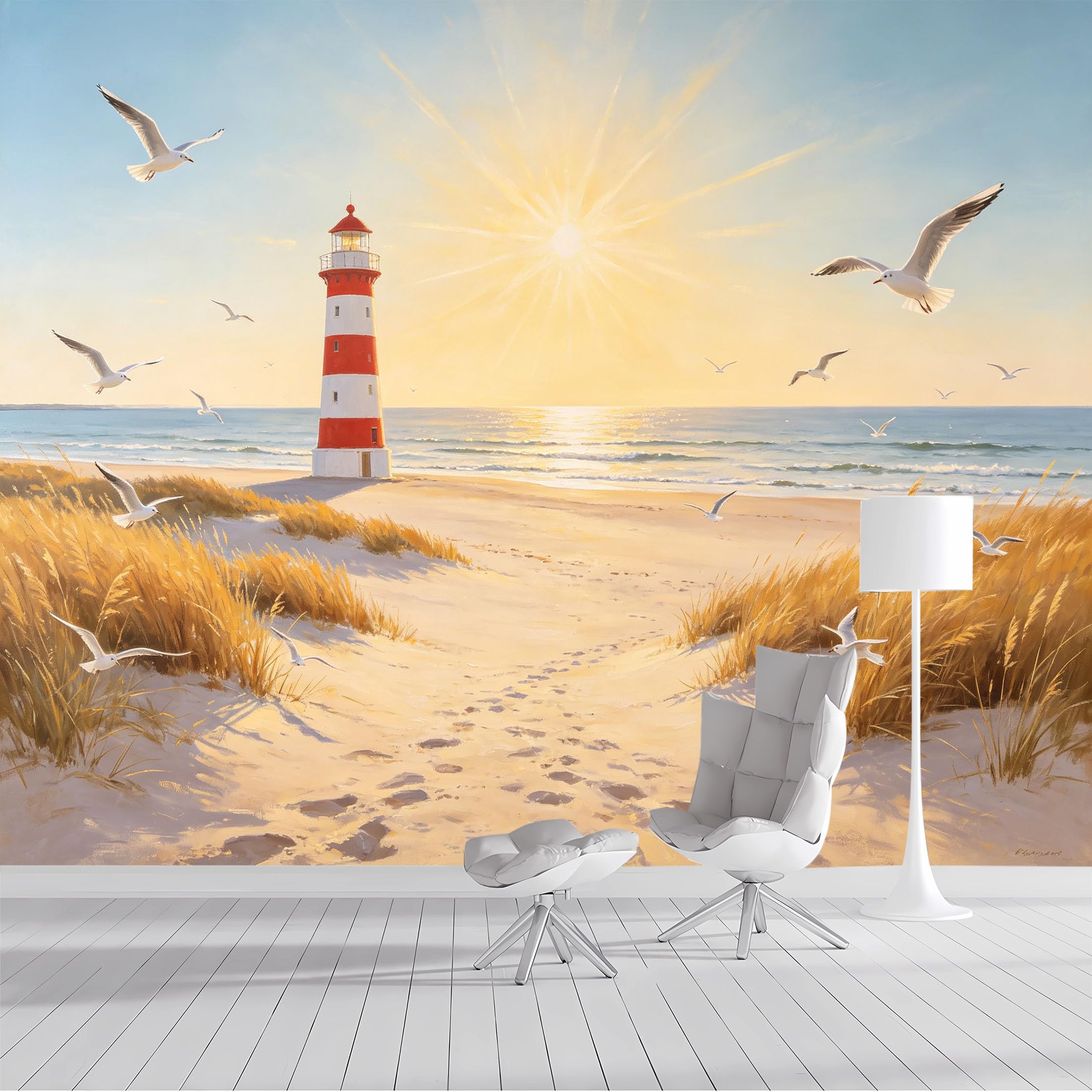 Custom Size Wall Mural Coastal Lighthouse Beach Sunrise Seascape Oil Painting SelfAdhesive Wall Fabric Removable Peel and Stick Wallpaper Wall Decor for Living Room Bedroom Bathroom