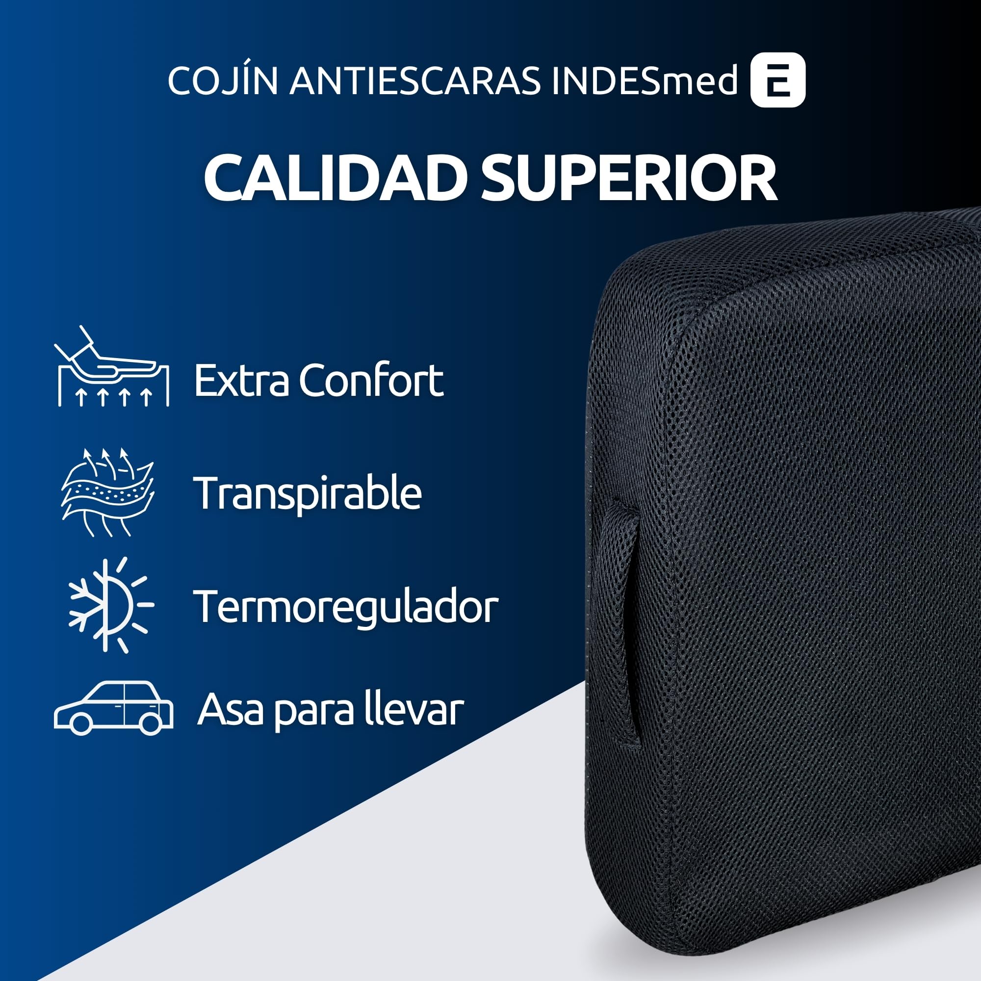 INDESMED Cojín Antiescaras de Gel y Viscoelástica Premium 40x40x8 cm - Prevención y Alivio de Úlceras por Presión | Ergonómico, Ortopédico, para Silla de Ruedas, Oficina y Coche | Funda Antideslizante