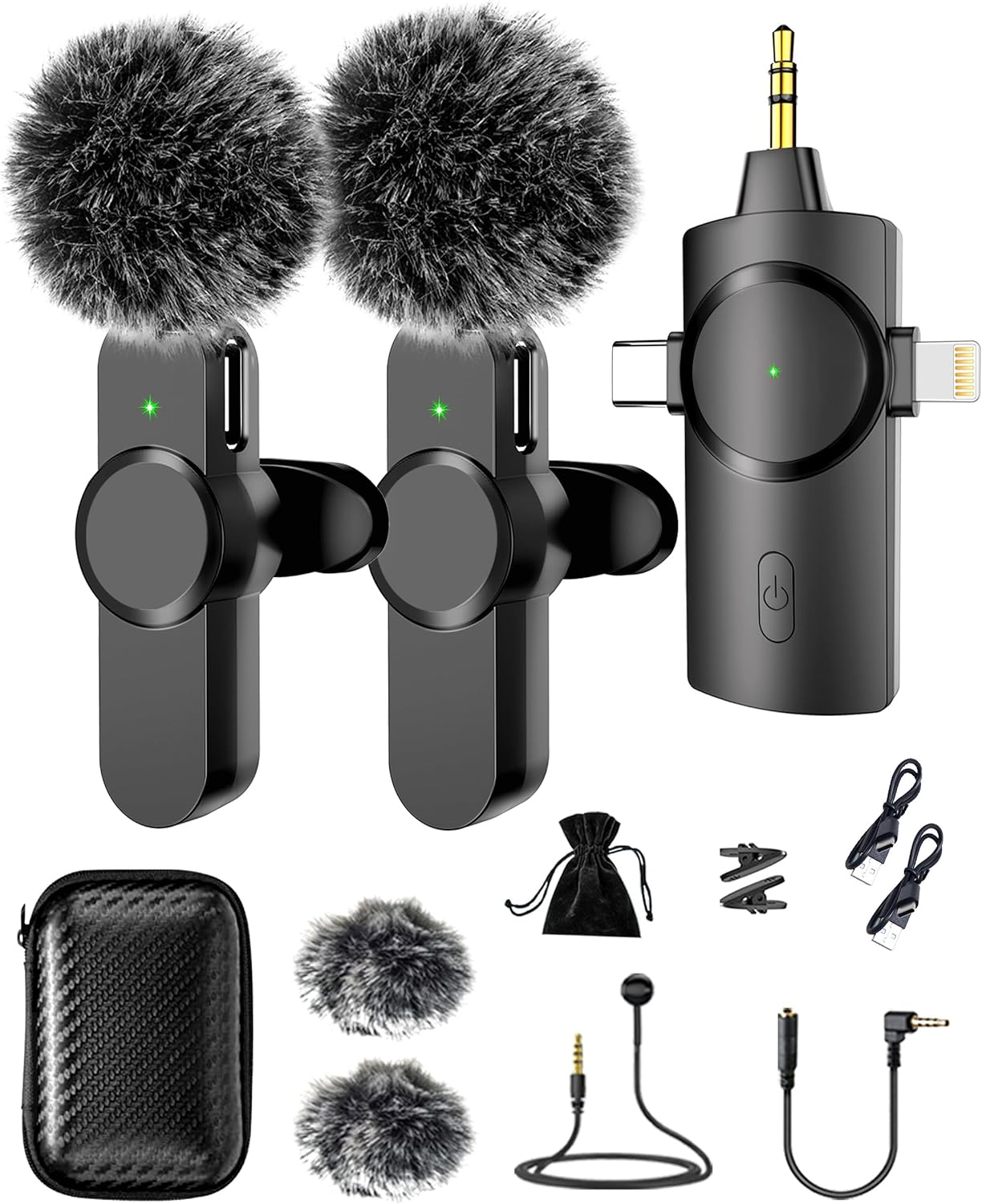 Haomuren Kabelloses Lavalier Mikrofon Set | 2 Mikrofone Mit Lightning & USB-C Für IPhone/Android - 100m Reichweite