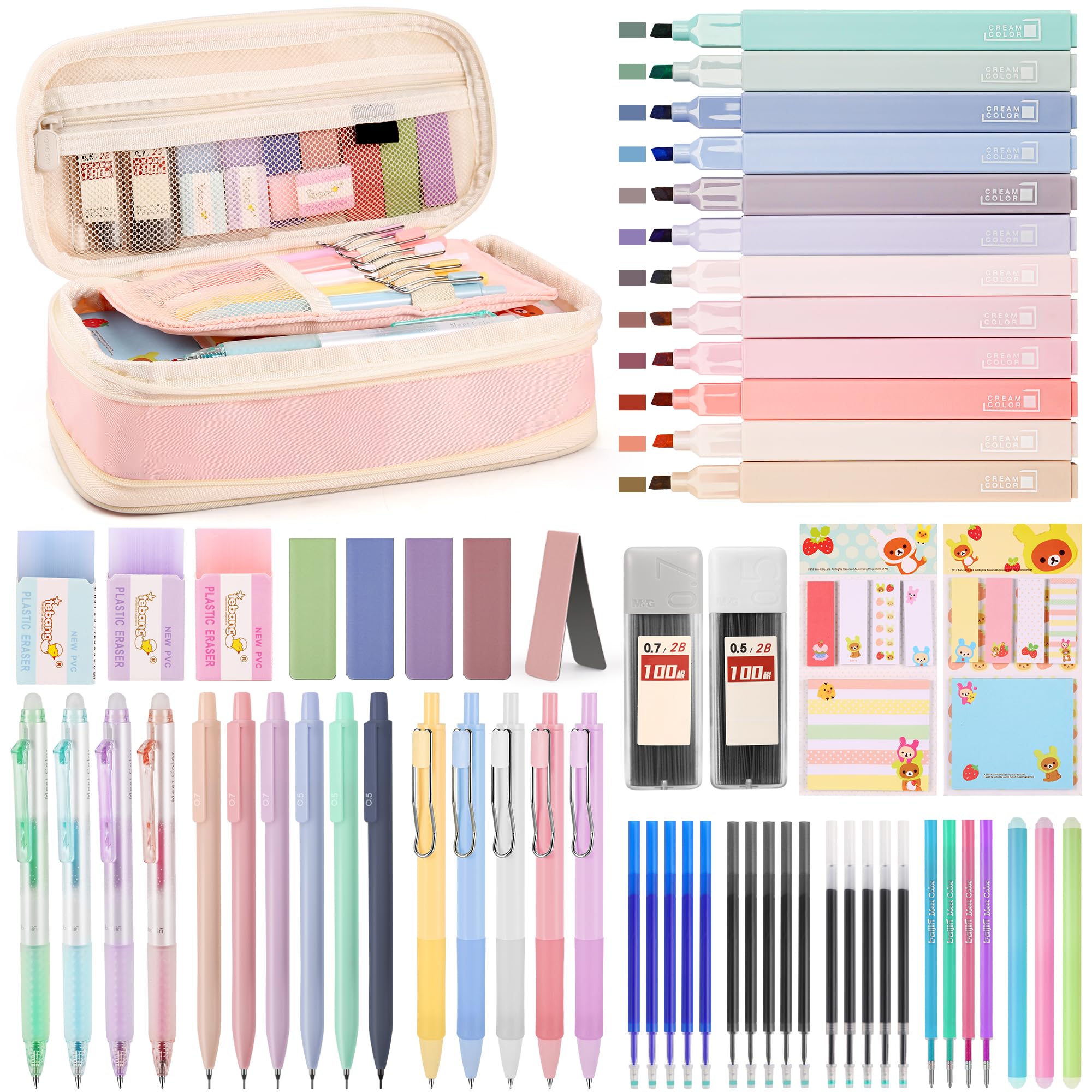 DazSpirit 62PCS Aesthetic Stationery Set with Pencil Case, No Bleed Highlighters, Gel & Erasable Pens, Mechanical Pencils, Refills, Cute College School Supplies for Note Taking, Journaling Pink