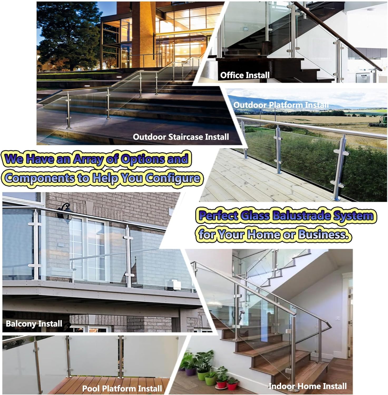 Adjustable Stainless Steel 304 Glass Railing Post 90-110CM Height Silver Handrail Balusters with Clamp & Rubber for 6-17mm Toughened Glass Durable Staircase Safety Solution.