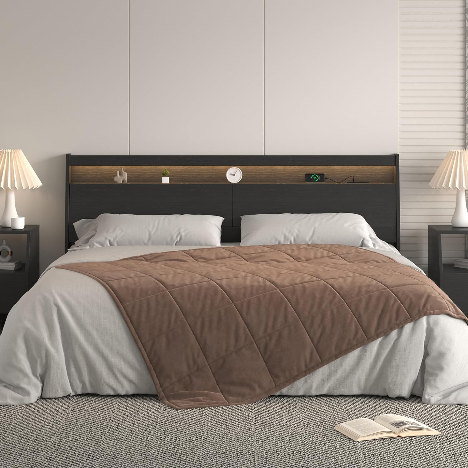 Headboard Only,Modern Headboard with Storage Built-in Power Outlets 2 USB Ports LED Lighting, Gap-Free Wall Design Easy Assembly (Black, Queen (U.S. Standard))