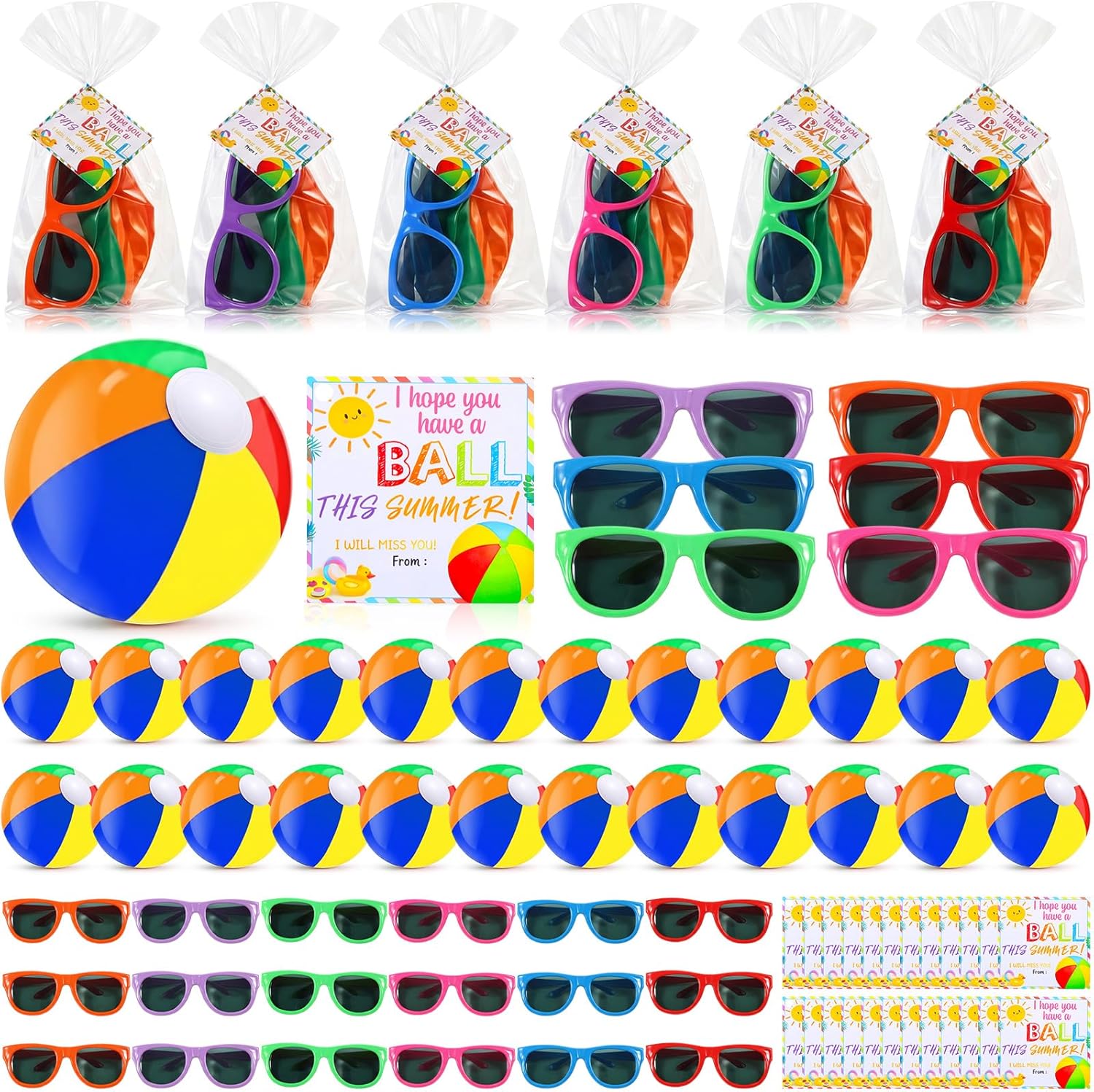 24 Set End of Year Students Gift from Teacher Bulk Preschool Kindergarten Summer Graduation Gifts Classmate Class Present Neon Sunglasses Beach Balls Beach Supplies