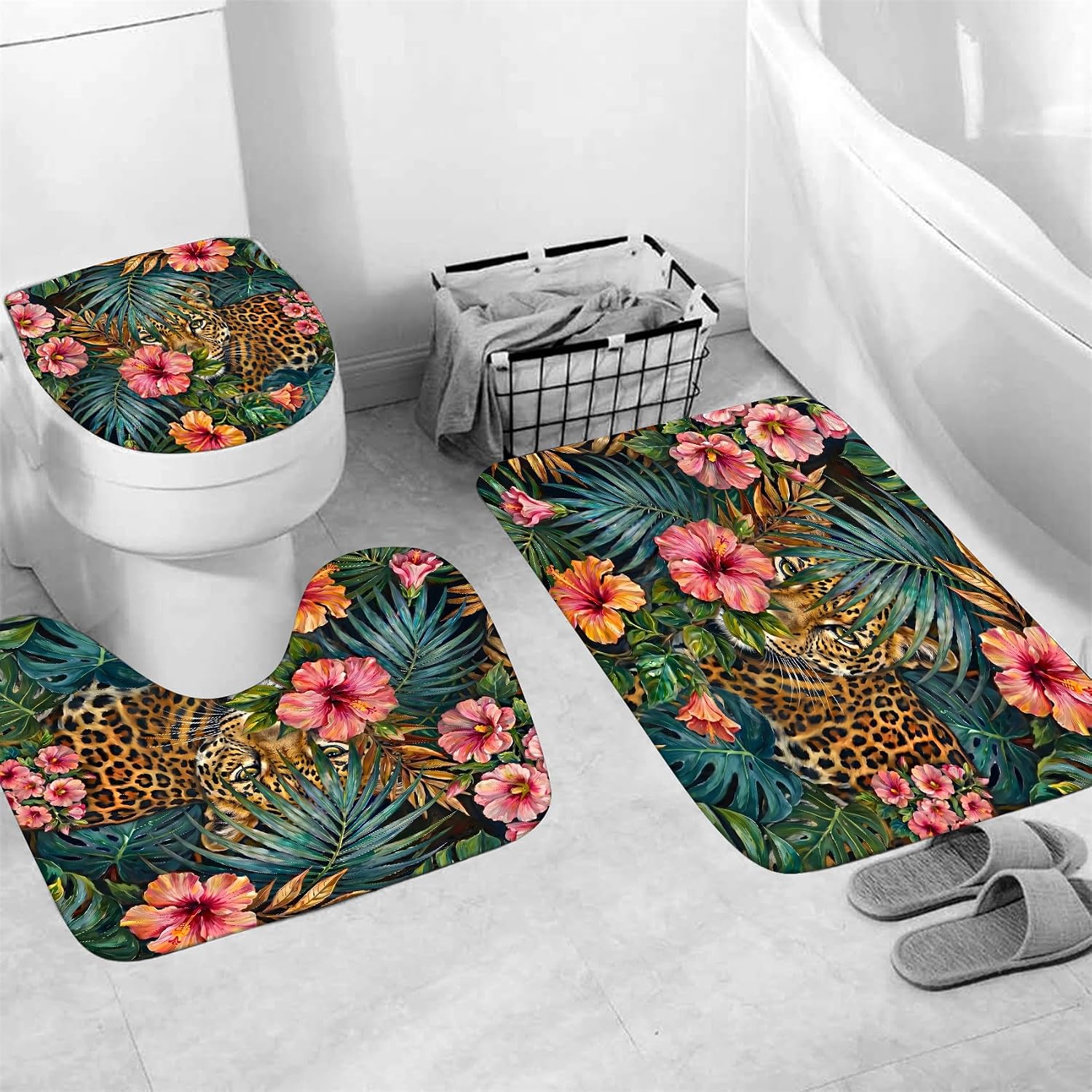 4 Piece Leopard Shower Curtain Set with Non-Slip Rugs, Tropical Jungle Pink Hibiscus Floral Bathroom Decor, Waterproof Fabric Bath Curtains with 12 Hooks image 4