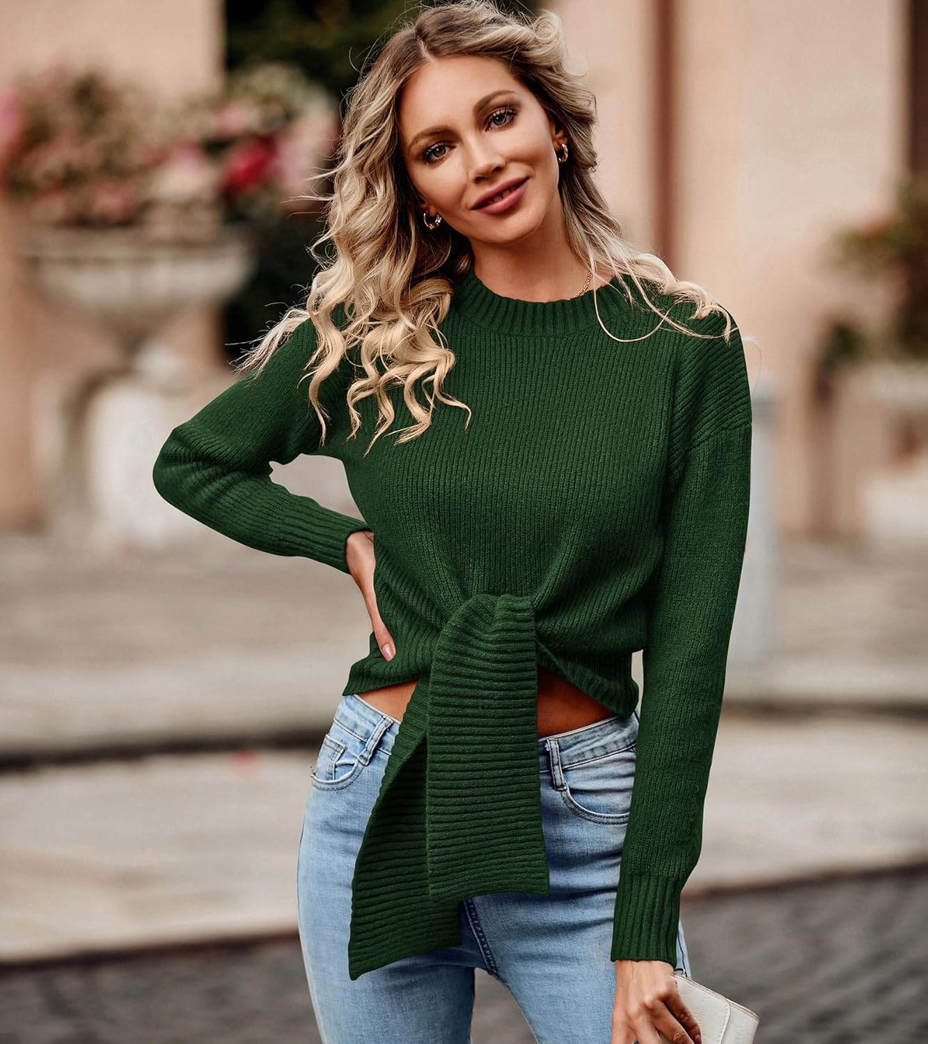 Okiwam Women's Long Sleeve Cropped Sweaters Casual Knit Pullover Tie Front Crew Neck Fall Outfits Spring Fashion Clothes 2026 - Image 4