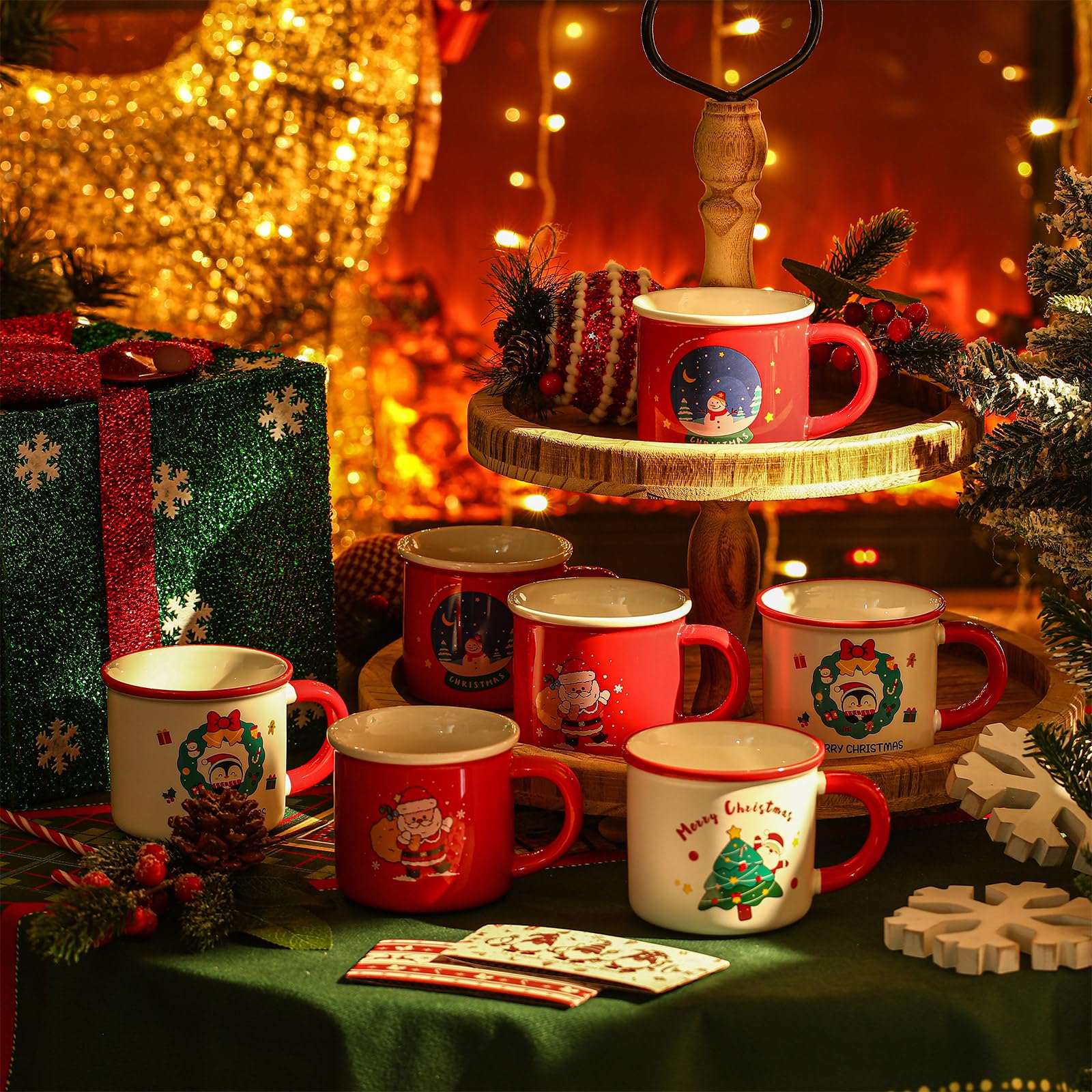 Hushee Juego de 8 tazas de Navidad de 12 onzas, tazas de café de cerámica, tazas de café de Navidad, tazas de té de leche, taza de café, regalo de Navidad para mujeres, hombres, amigos, familia