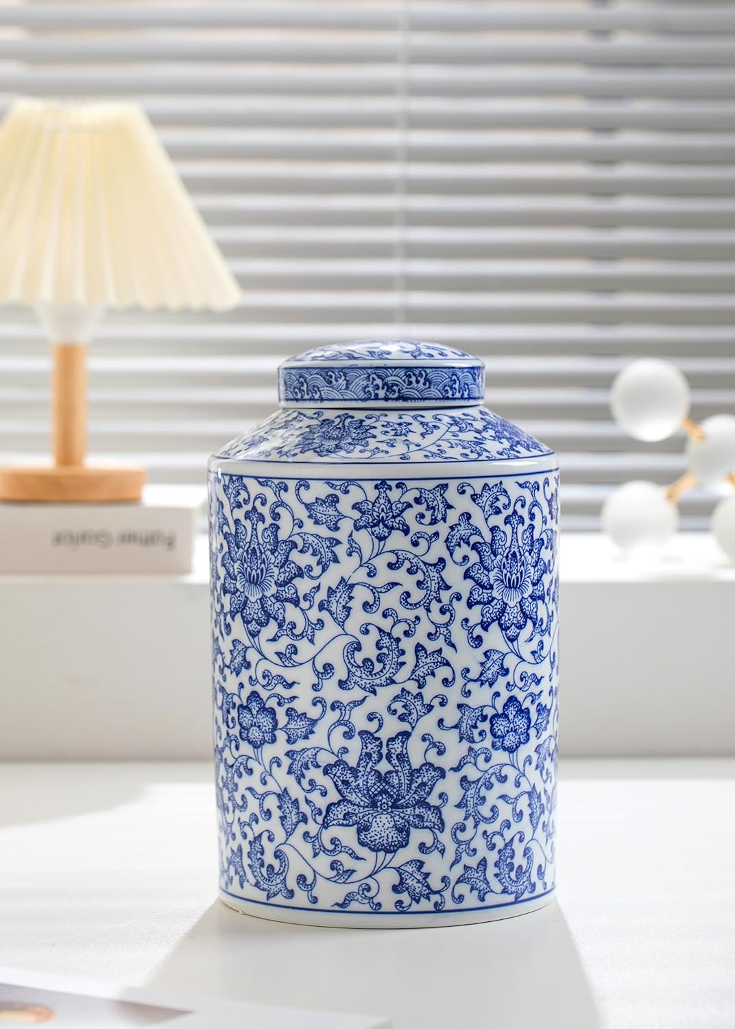 Blue and White Ginger Jar, Ceramic Chinoiserie Decorative Jars for Home, Office, Flower Vase Pocelain, Glossy Vase for Table, Living Room, Bookshelf, Mantle Fireplace, Centerpieces 11"