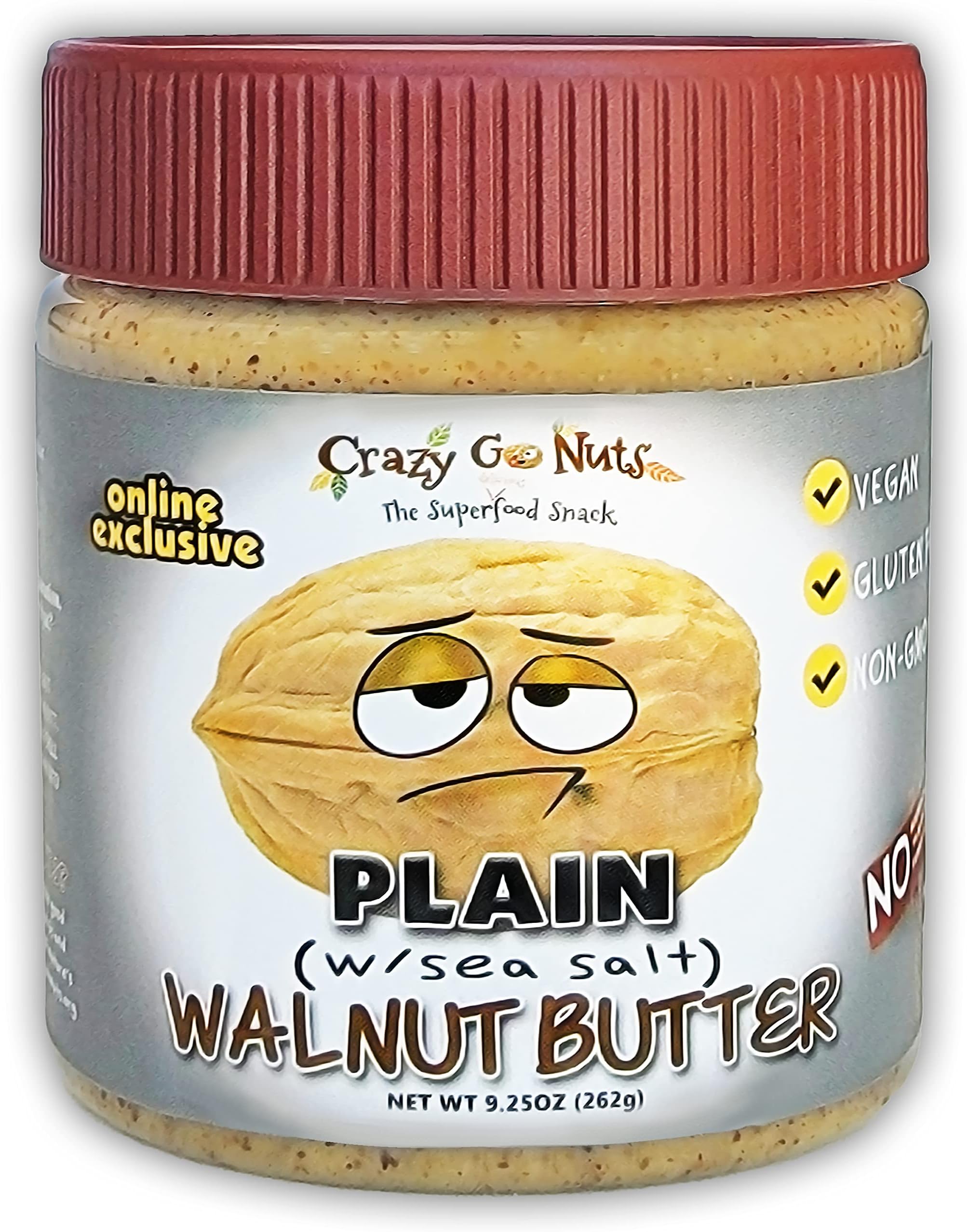 Crazy Go Nuts Walnut Butter Plain with Sea Salt - Walnut Spread, Keto, Vegan, Low Carb, Gluten Free, Superfood-Natural, Non-GMO, ALA, Omega 3 Fatty Acids, Good Fats and Antioxidants - 9.25 Oz