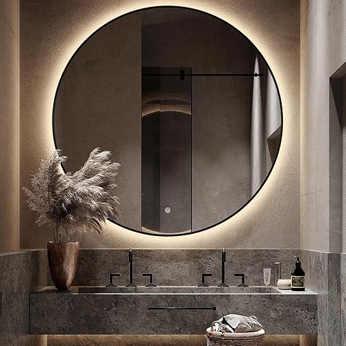 Niccy Espejo redondo retroiluminado LED de 40 pulgadas para baño, espejo de pared con marco negro, espejos circulares inteligentes LED con 3 colores