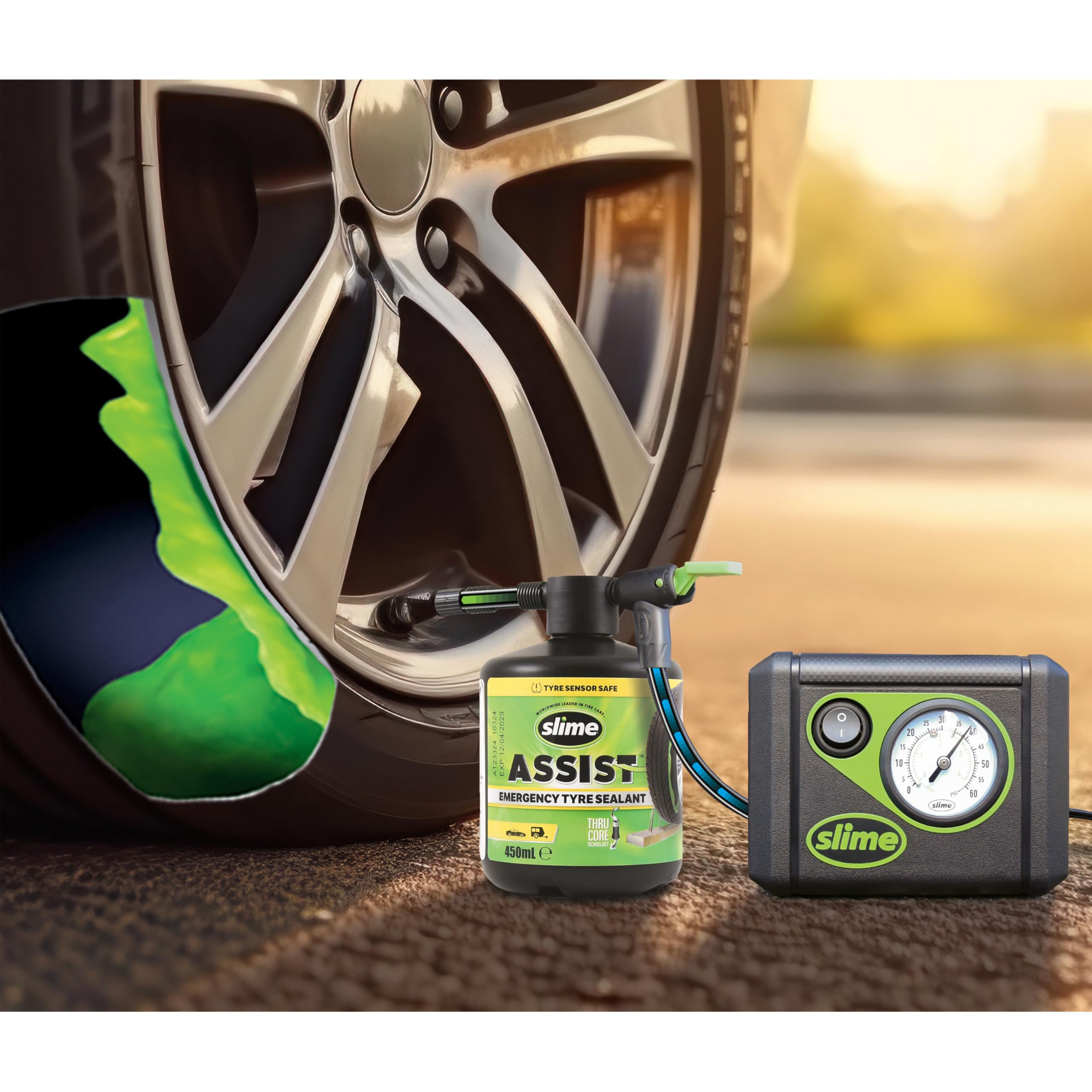 Slime 50138-51 Flat Tyre Puncture Repair, Smart Repair Plus, Emergency Kit for Car Yyres, Includes Sealant And Tyre Inflator Pump, Suitable for Cars And Other Highway Vehicles, 12 Min Fix