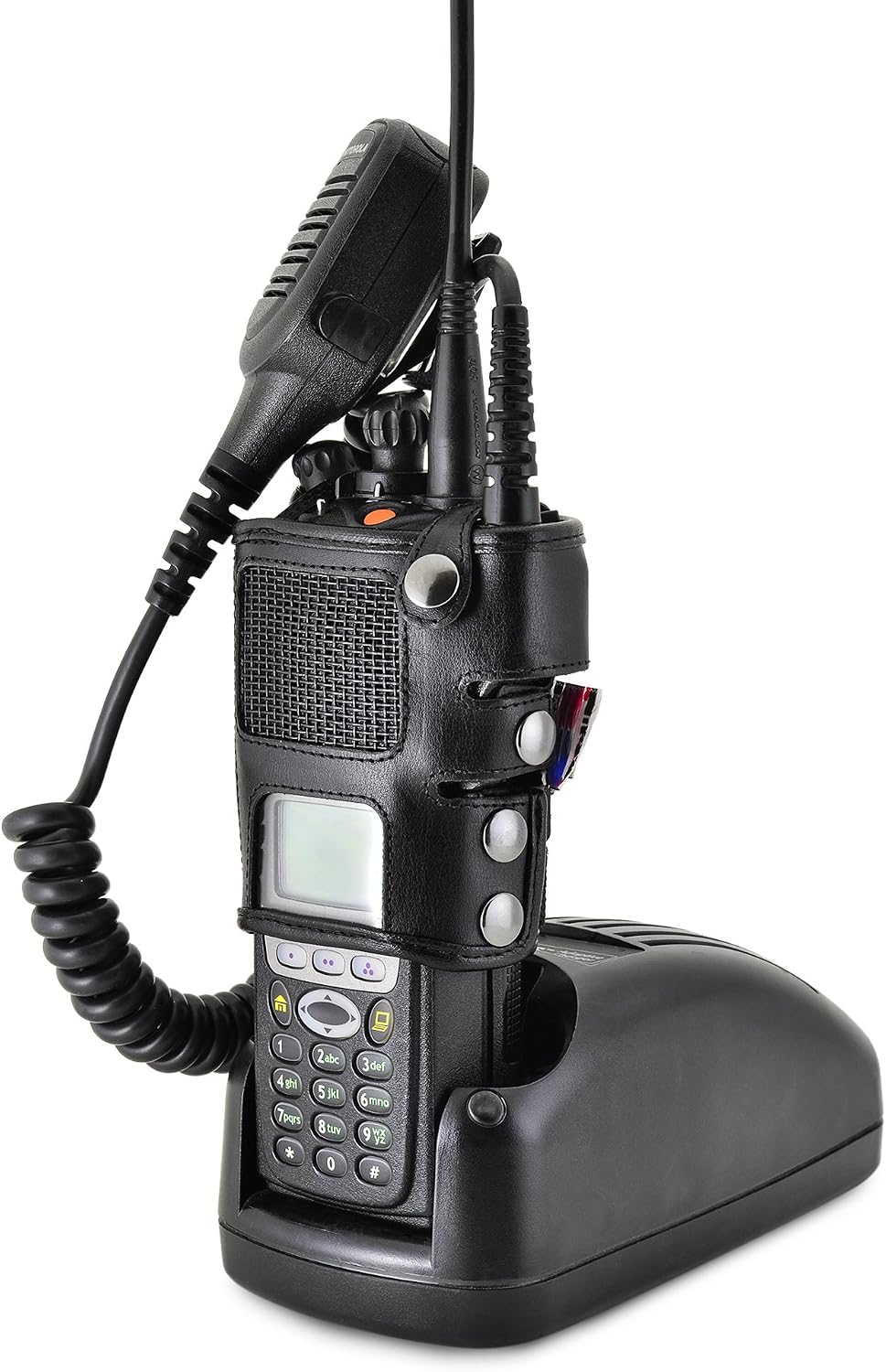 Turtleback Carry Holder for Motorola XTS3000 Models 1 2 3 Fire and Police Two Way Radio Belt Clip Holster Case, Black Leather Pouch with Heavy Duty Rotating Ratcheting 2.25" Belt Loop
