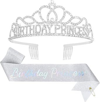 CAVETEE Princess Crowns and Sashes for Girls & Women - Birthday Party Decorations Set