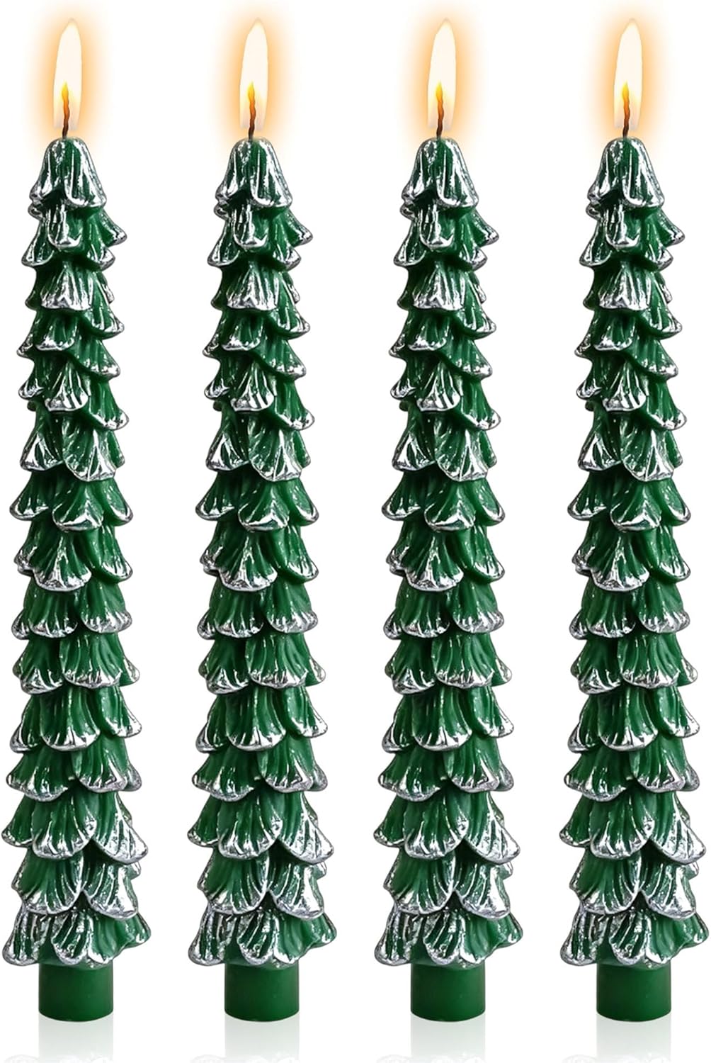 Silvery Christmas Tree Taper Candle - 10inches Unscented Tree Shaped Green Candlesticks Decorative Tapered Candles for Holiday Xmas Party Dinner Table,S-4pcs