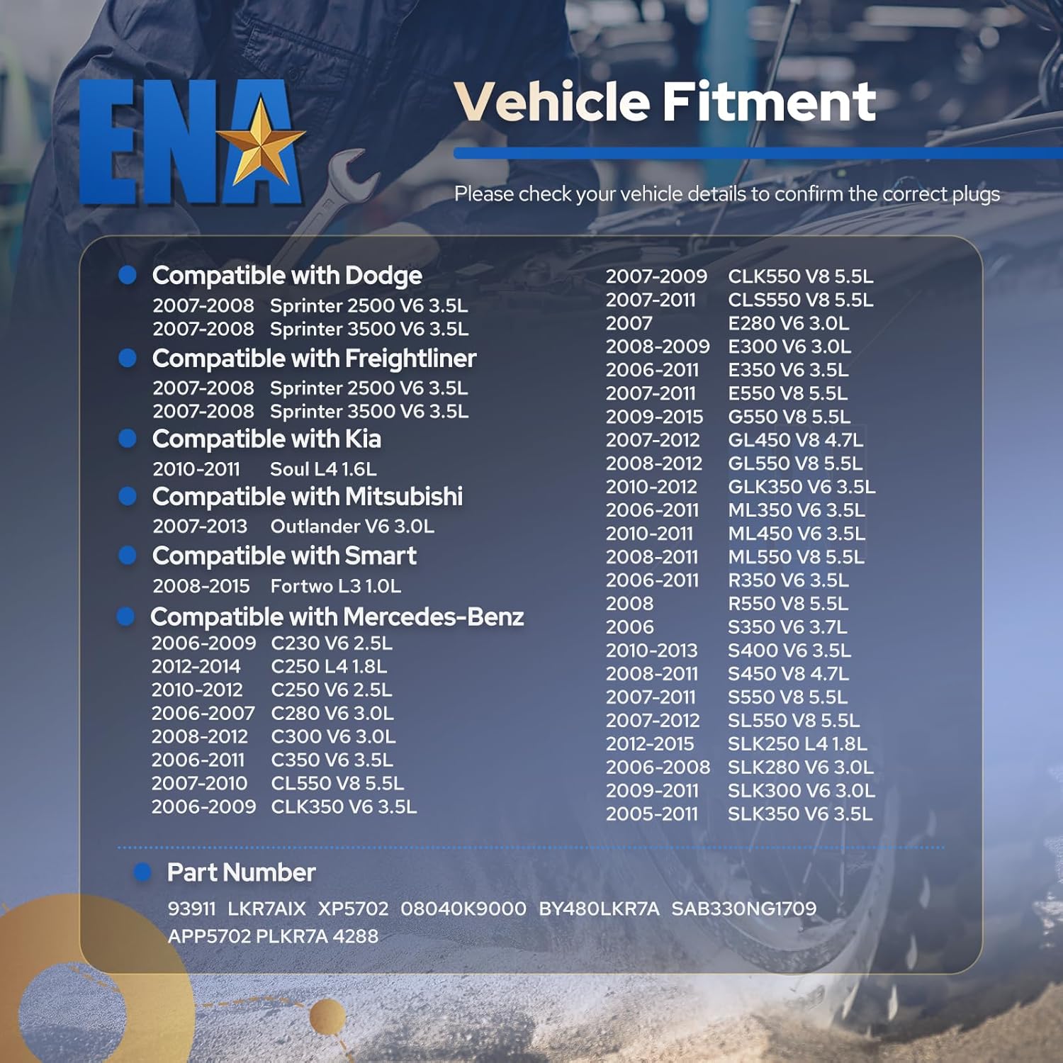 ENA Set of 8 Spark Plug for 93911 LKR7AIX Compatible with Mercedes-Benz CL550 CLK550 CLS550 E550 GL450 GL550 G550 ML550 S450 S550 SL550 R550 Sprinter 2500 3500 Outlander Fortwo