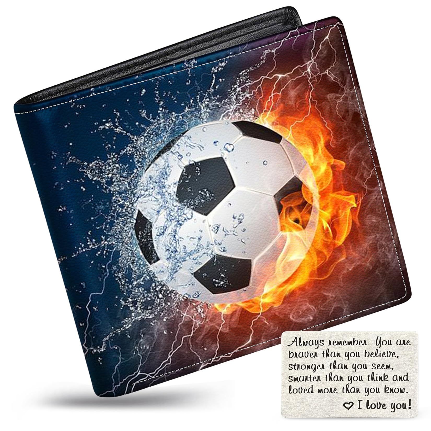 Boys Wallet for Kids, Teen Boy Soccer Wallets 9-12 8-10 8-12, Cool Novelty Leather Bifold Rfid Blocking Purse Coin Pocket Zipper Id Window for Children Men Male Youth Guys Birthday Gifts