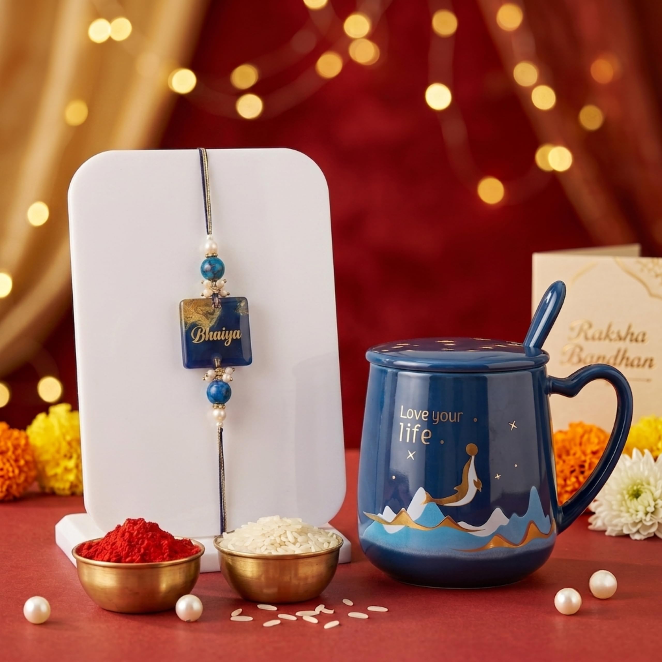 NYRWANA Coffee Mug, Birthday Gift, Mugs for Present, Rakshabandhan Gift for Sister, Cute Mugs, Love Your Life Mug with Lid, Spoon & Rakhi with Tilak and chawal (420ml - Blue)