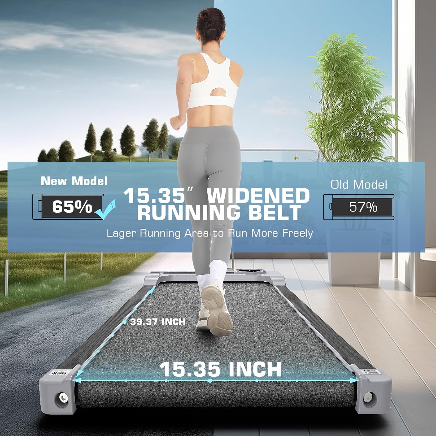 Image showing the dimensions of the running belt: 39.37 inches long and 15.35 inches wide.