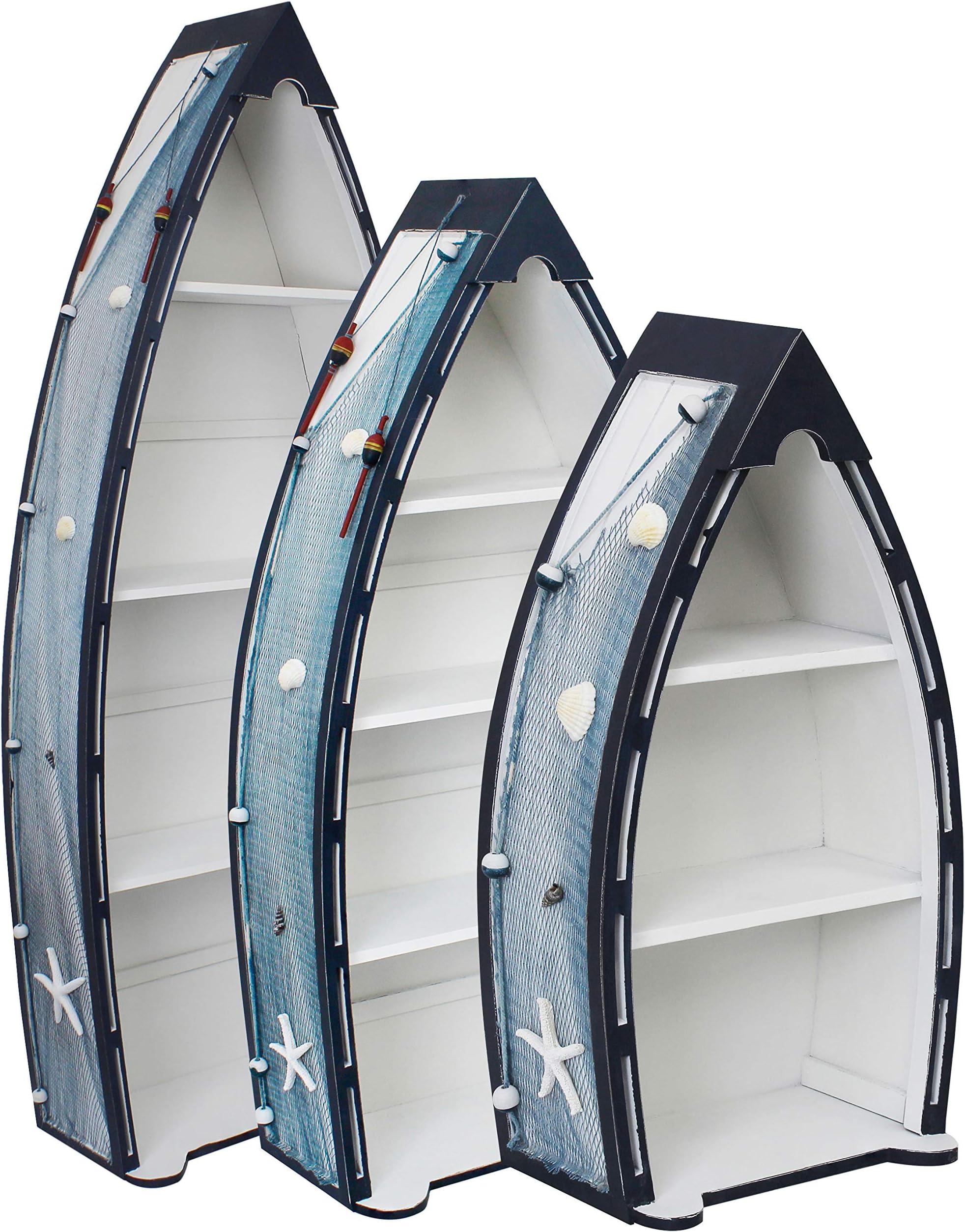 Decorative Wooden Boat Shelves – Large Shelves – Free Standing Shelves – 3 Pieces – White and Blue – Nautical Furniture – Interior Design