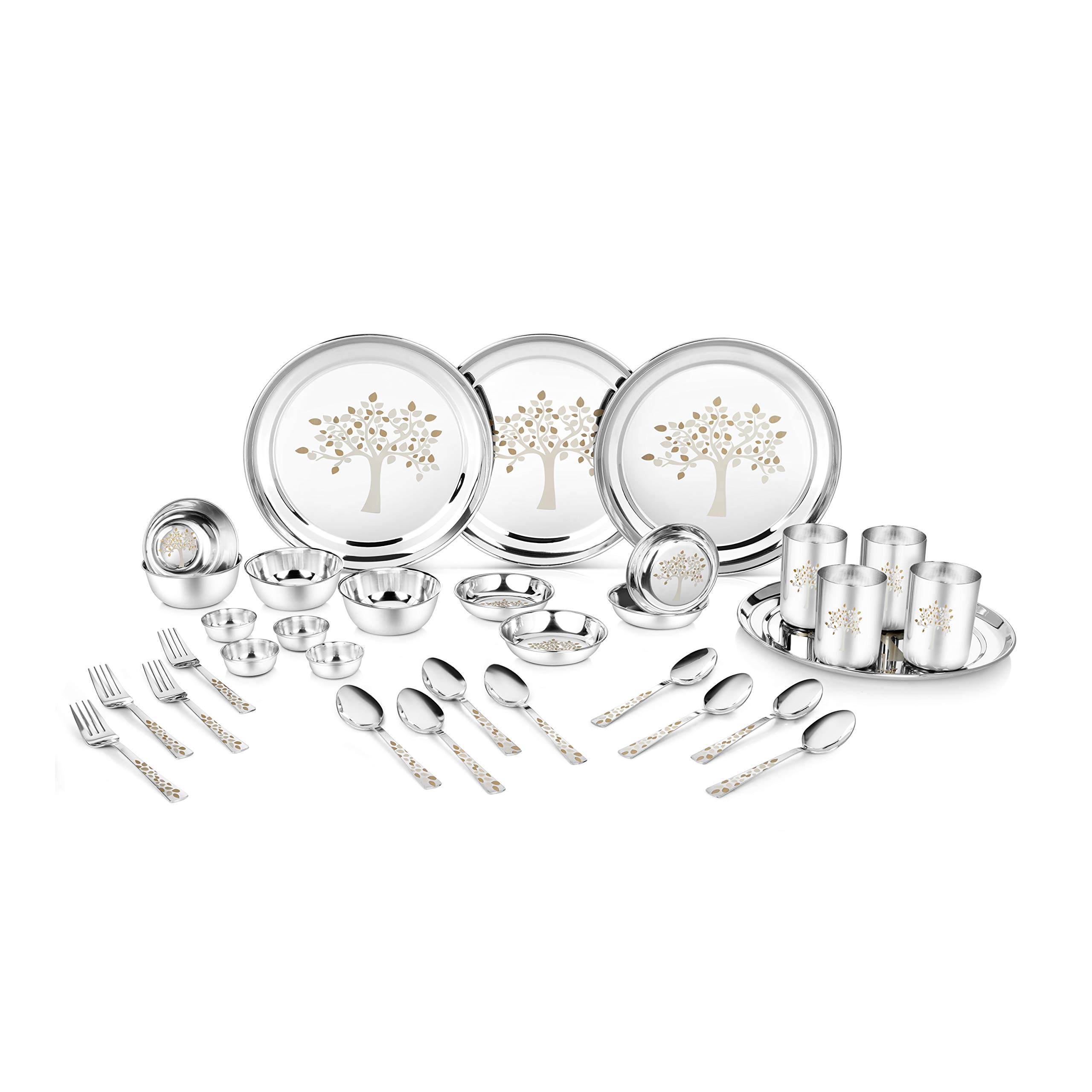 Classic Essentials Stainless Steel Dinner Set | High Grade Stainless Steel with Permanent Vriksha Lazer Design | Shagun Set/Bartan Set (Set of 32) (B08612X1RW) Amazon Price History, Amazon Price Tracker