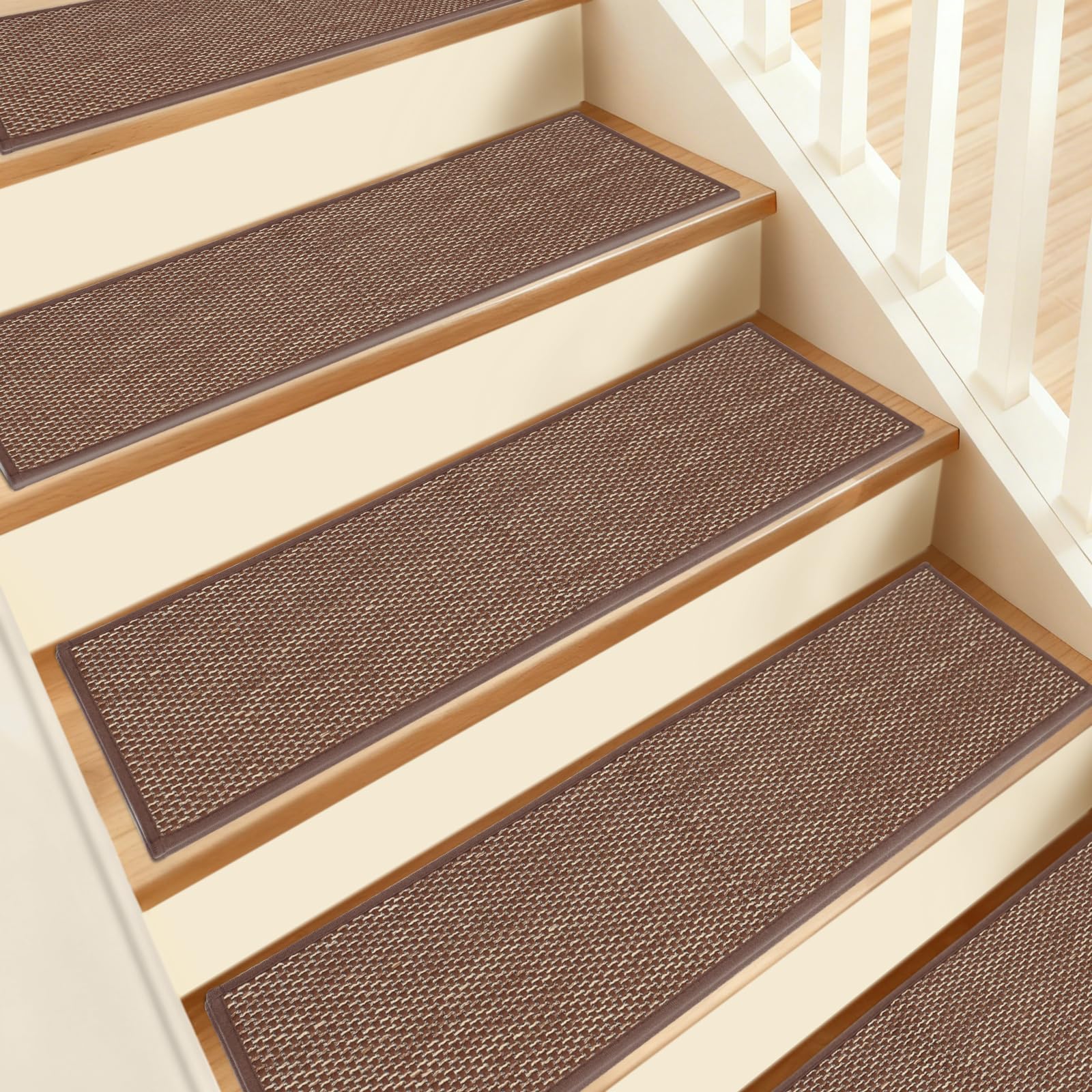 Natural Linen Non Slip Stair Treads, 15 Pack 8" X 30" Carpet Stair Treads with Reusable TPE Adhesive Backing, Non Slip Stair Runner Indoor for Kids