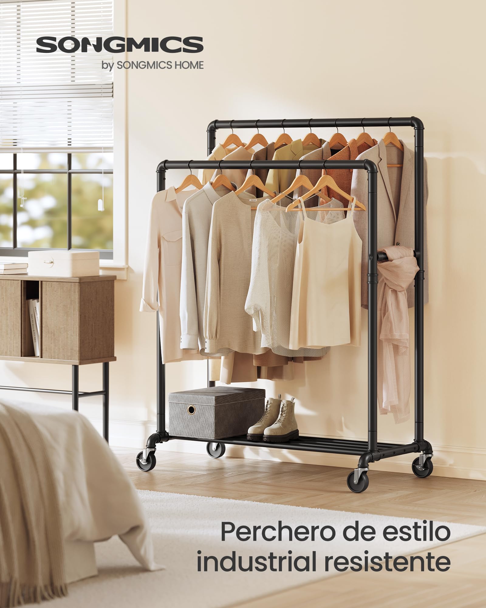 SONGMICS Perchero Burro de Doble Barra, Marco Metálico, 59 x 100 x 162 cm, Burro de Ropa con Estante de Almacenamiento y Ruedas, 2 Ruedas con Freno, Carga de 110 kg, Negro HSR60B